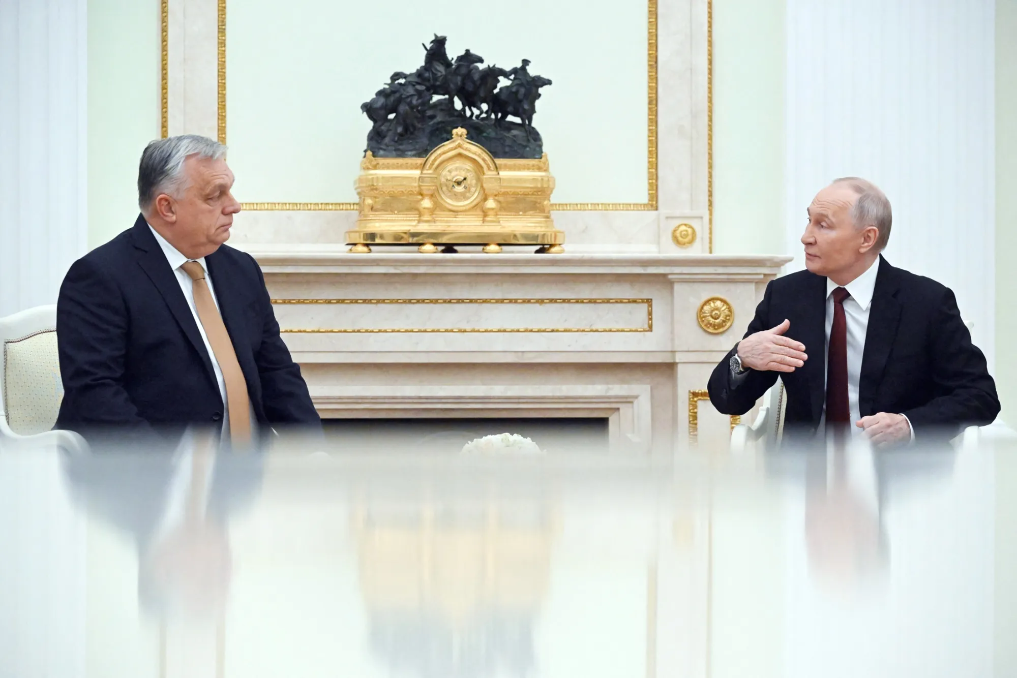Viktor Orban, left, and Vladimir Putin in Moscow in 2025.
