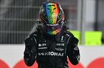 Lewis Hamilton celebrates after the qualifying session.