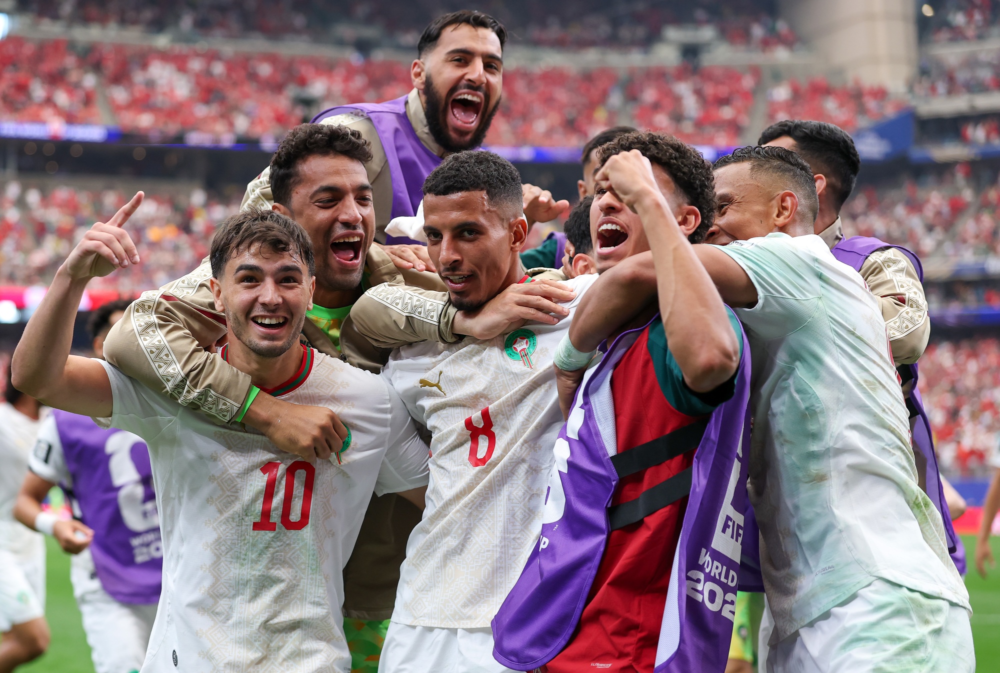Morocco celebrate a second goal against Canada during their FIFA World Cup 2026 Round of 16 match, on July 4. Photographer: Kevin C. Cox/Getty Images