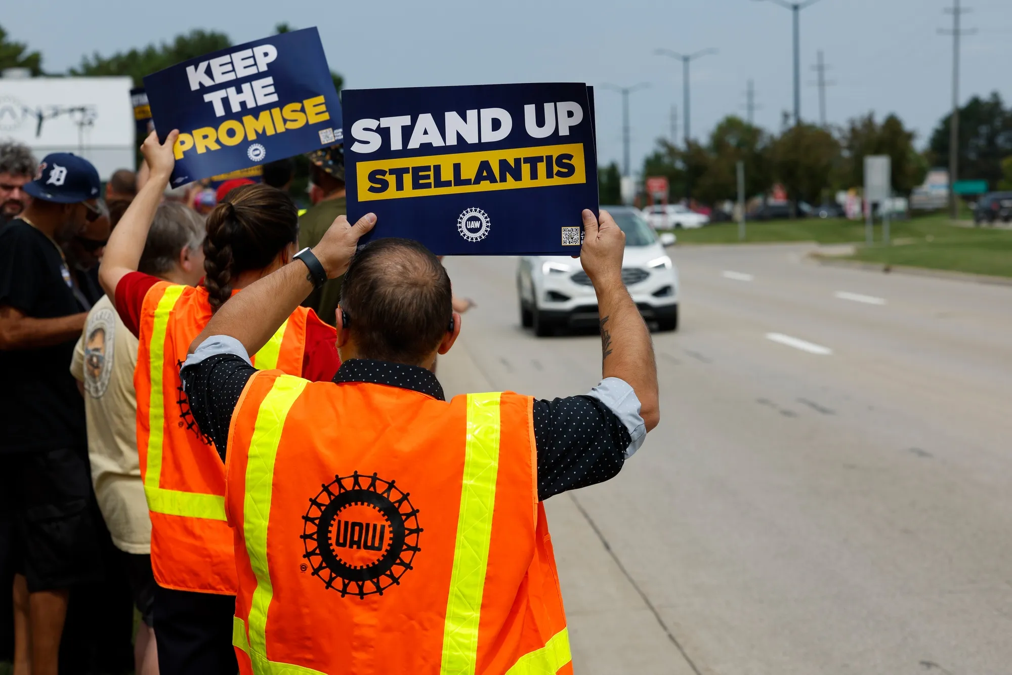 UAW members participate in a rally outside a Stellantis assembly plant in Sterling Heights, Michigan on&nbsp;Aug. 23.