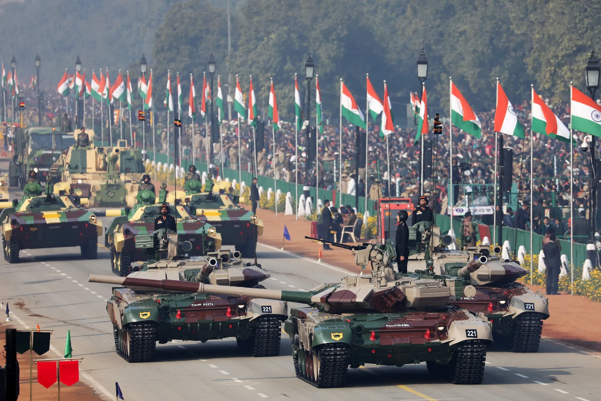 Indian Army T-90 tanks move along the Rajpath during the Republic Day parade in New Delhi.