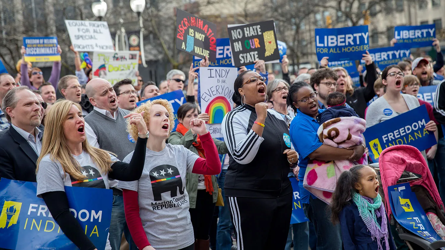 Demonstrators gather outside the City County Building on March 30, 2015 in Indianapolis, Indiana.
