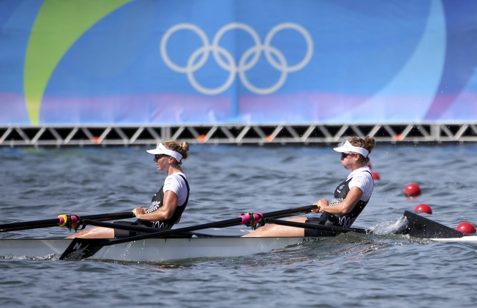 Eve MacFarlane and Zoe Stevenson of New Zealand compete in the women's double sculls heat at the 2016 Rio Olympics.