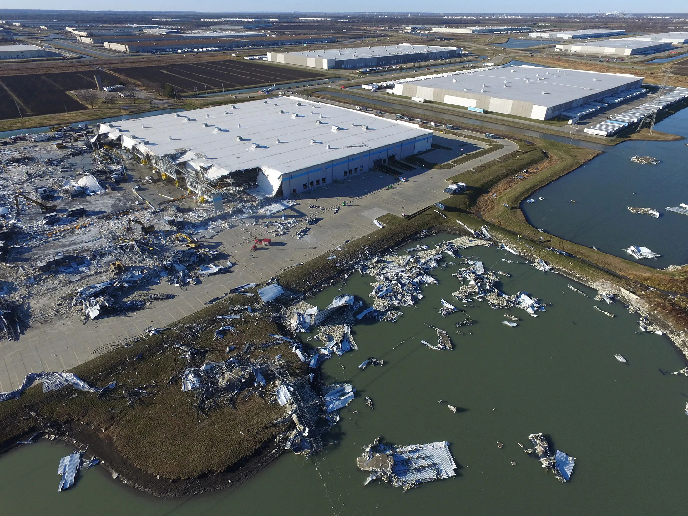 An Amazon fulfillment center in Kentucky damaged by December’s tornadoes.