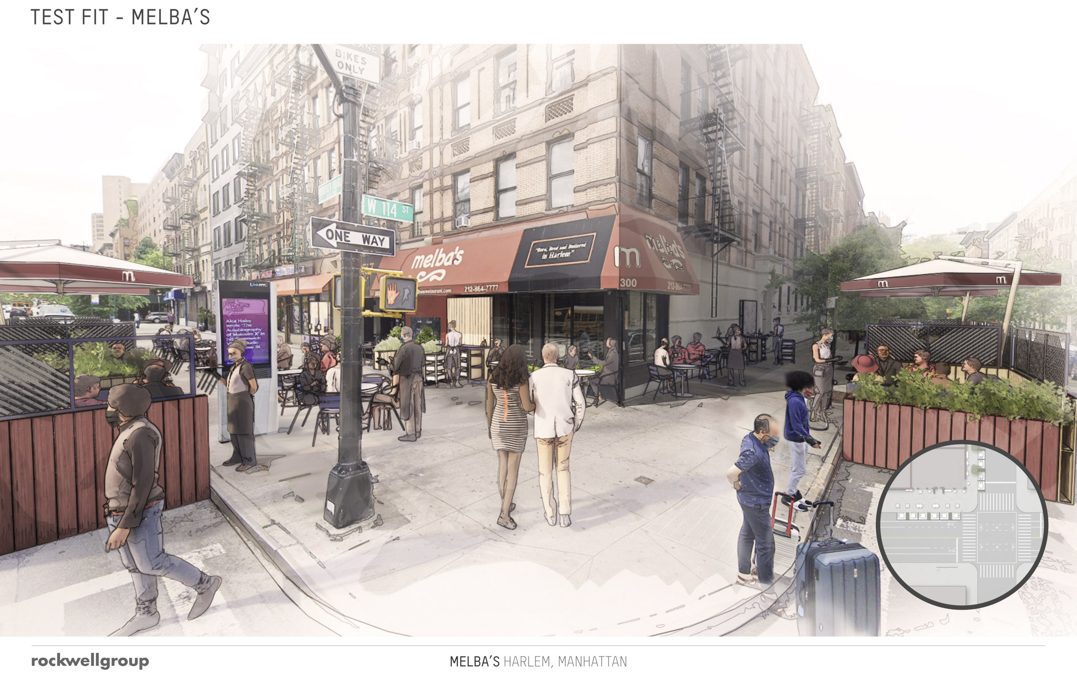 A rendering for outdoor space at Melba’s in Manhattan’s&nbsp;Harlem.