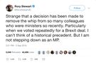 Tweet from @RoryStewartUK: Strange that a decision has been made to remove the whip from so many colleagues who were ministers so recently. Particularly when we voted repeatedly for a Brexit deal. I can’t think of a historical precedent. But I am not stepping down as an MP.