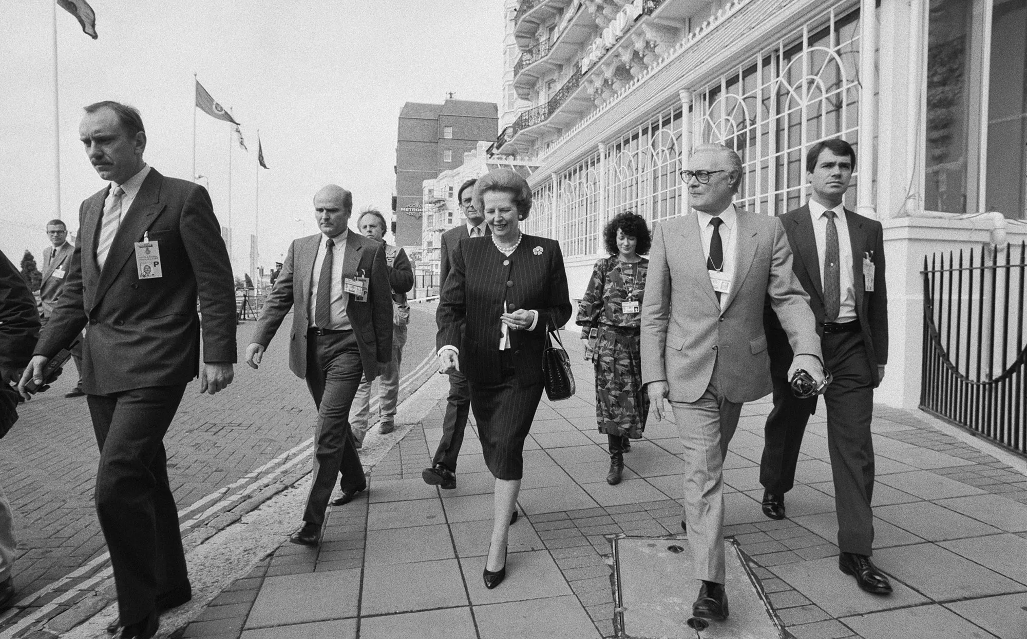 Margaret Thatcher, center,&nbsp;in Brighton, Sussex, during the Conservative Party Conference,&nbsp;in 1988.