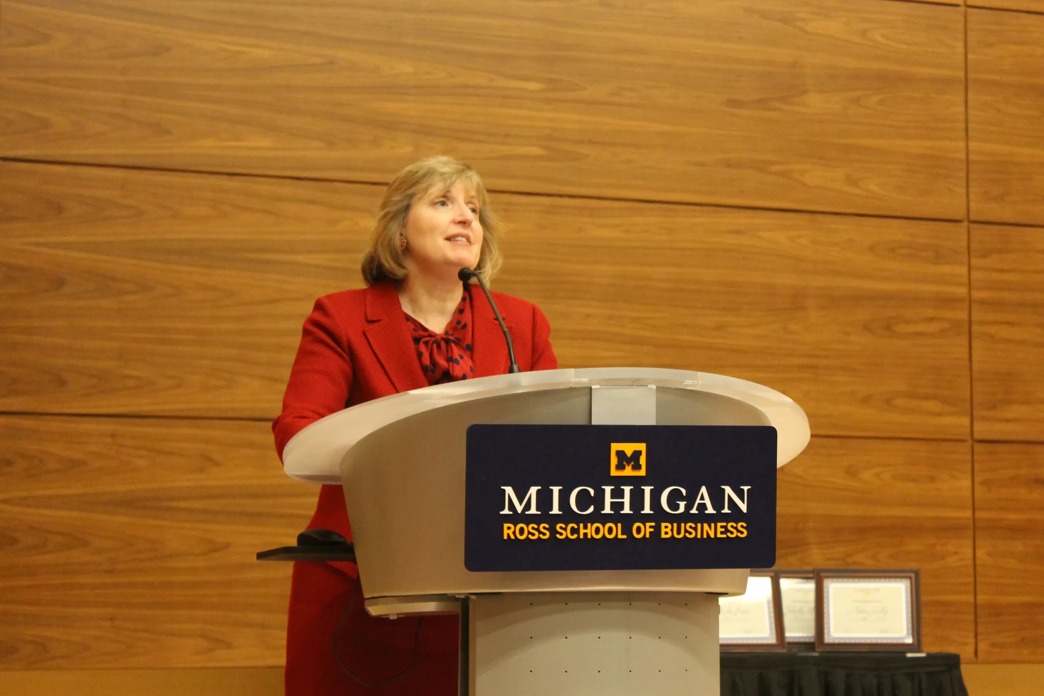 Alison Blake-Davis, dean of the Michigan Ross School of Business, speaks at an event on campus in 2014.
