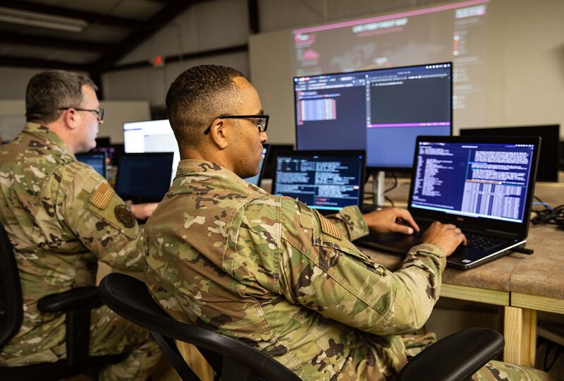 A service member with the 175th Cyber Operations&nbsp;monitors cyberattacks during Exercise Southern Strike at Camp Shelby, Mississippi.