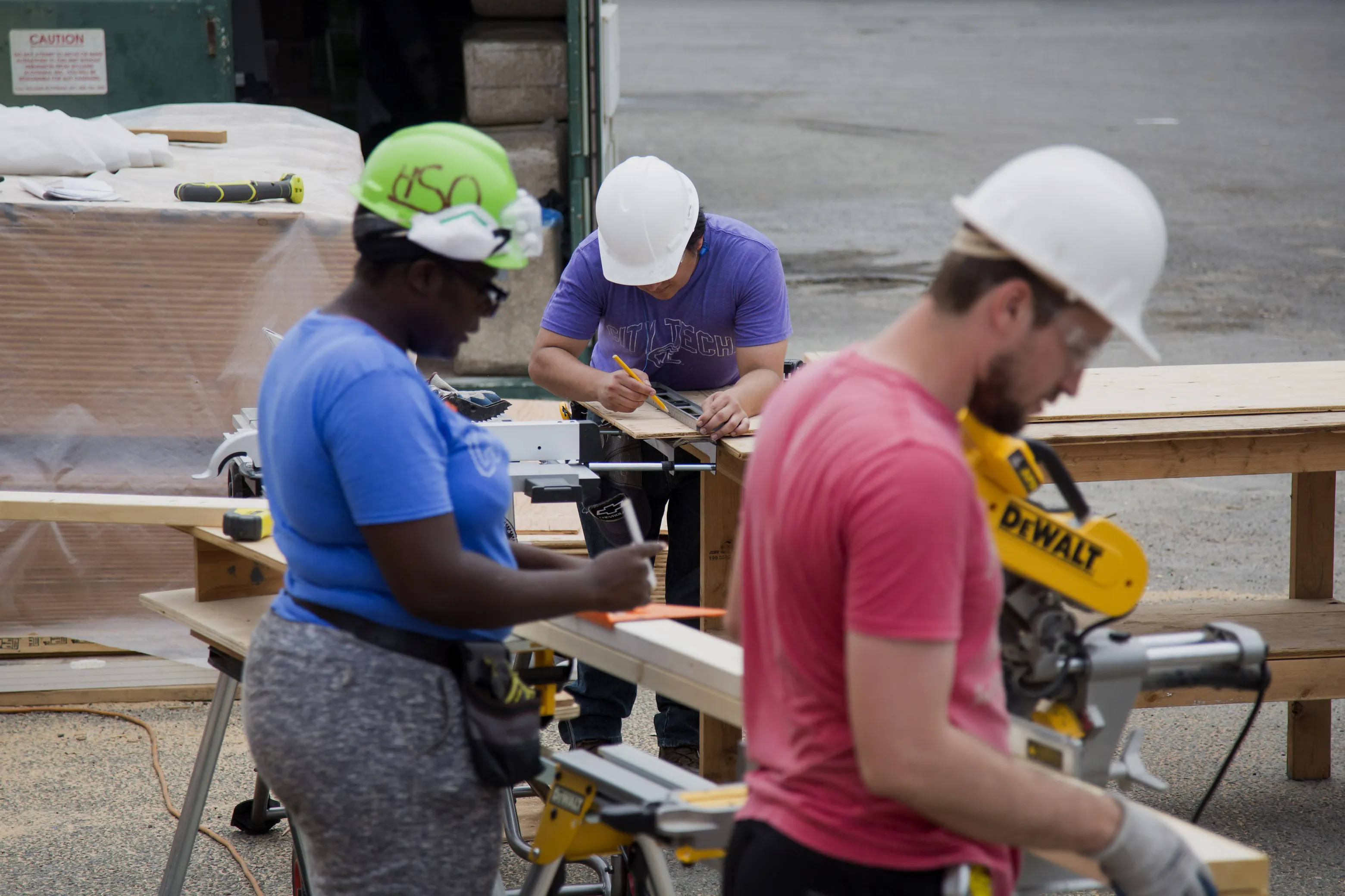 New York City College of Technology undergraduate students work on a house for the U.S. Department of Energy Solar Decathlon 2015 in Brooklyn, U.S.
