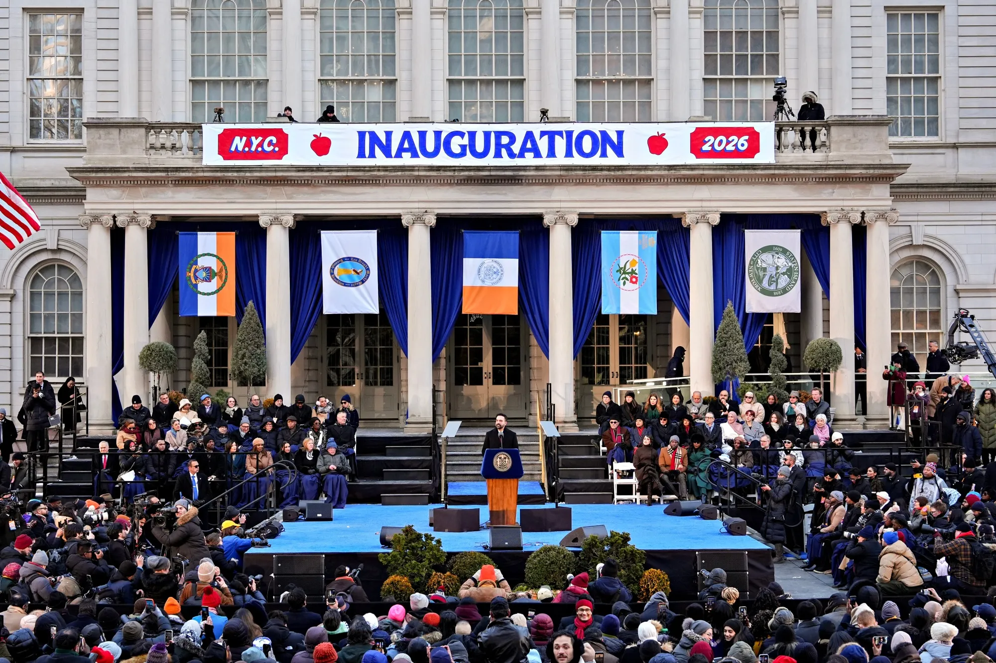 Zohran Mamdani speaks at City Hall.