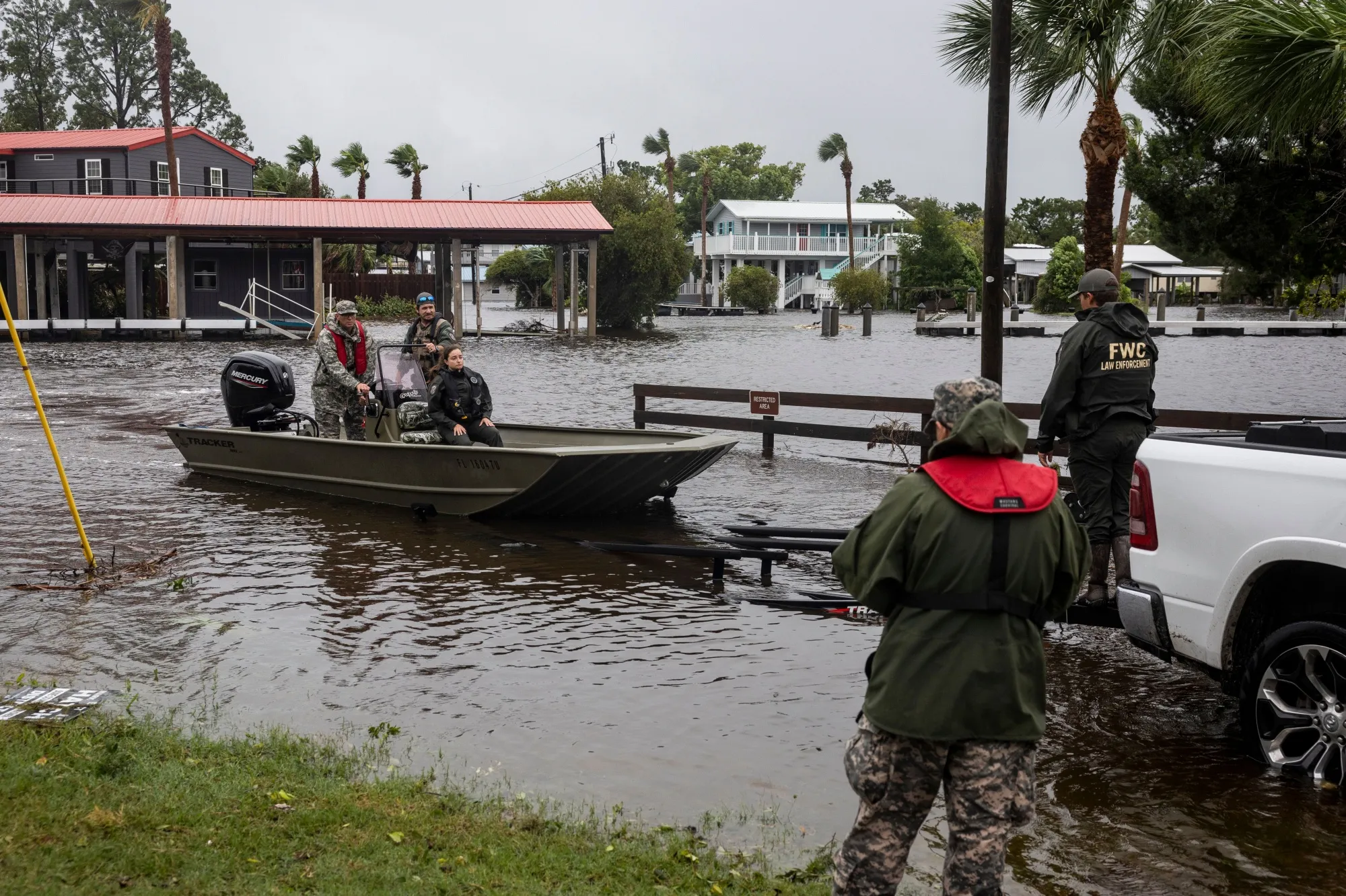 Officers return from looking for stranded residents after Hurricane Debby made landfall in Suwannee, Florida on&nbsp;Aug. 5, 2024.&nbsp;