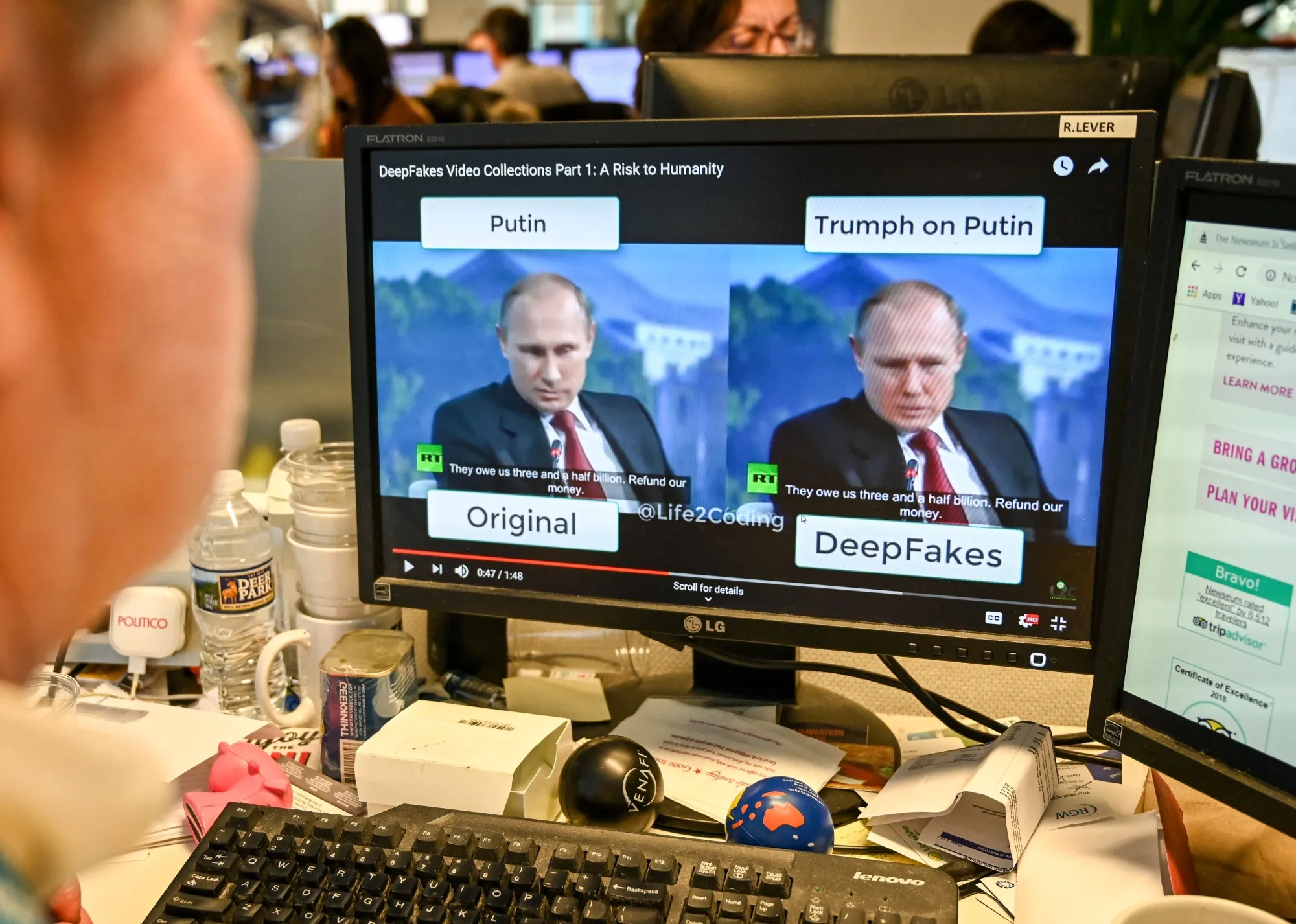 A video manipulated with artificial intelligence at a newsdesk in Washington, DC.
