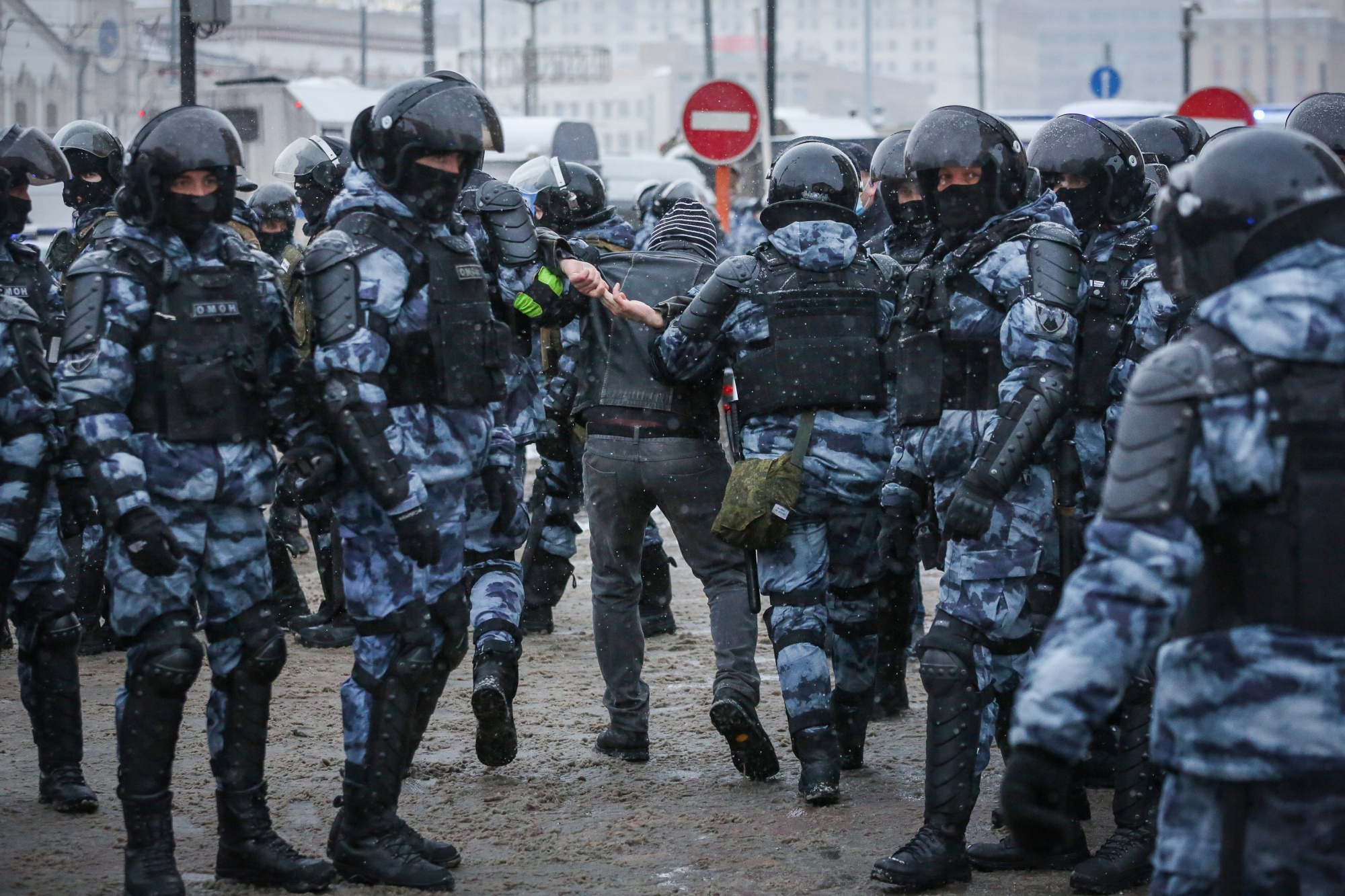 Riot police detain a protestor during a demonstration in support of Russian opposition leader Alexey Navalny&nbsp;in Moscow on Jan. 31.