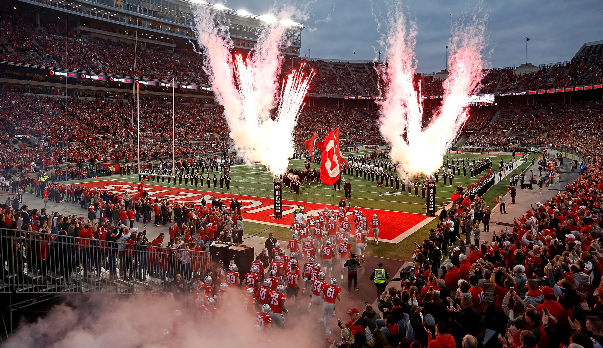 Members of the Ohio State Buckeyes run out on to the field prior to the start of the game in 2017.&nbsp;