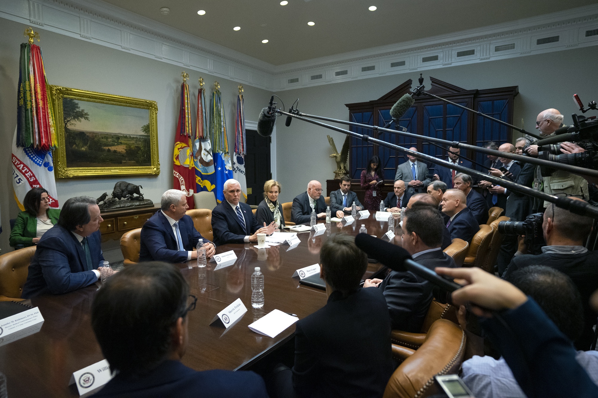 U.S. Vice President Mike Pence, center, speaks during a meeting with the Coronavirus Task Force and diagnostic lab executives at the White House in Washington, D.C., U.S.