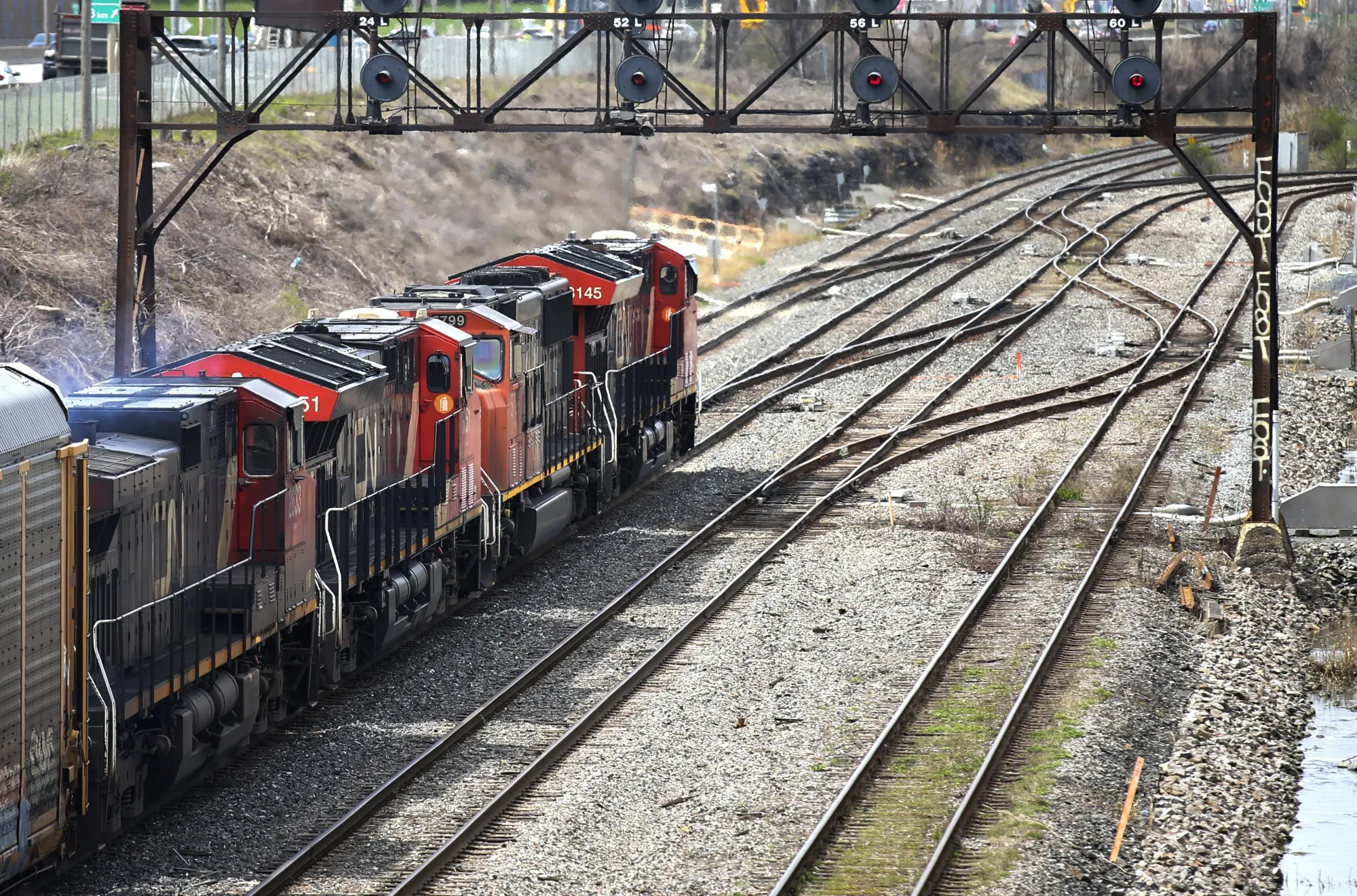 A Canadian National Railway locomotive pulls a train in Montreal.