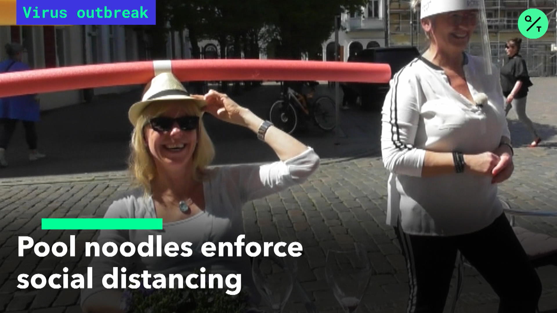 Watch Pool Noodle Hats Social Distance at Cafe Bloomberg