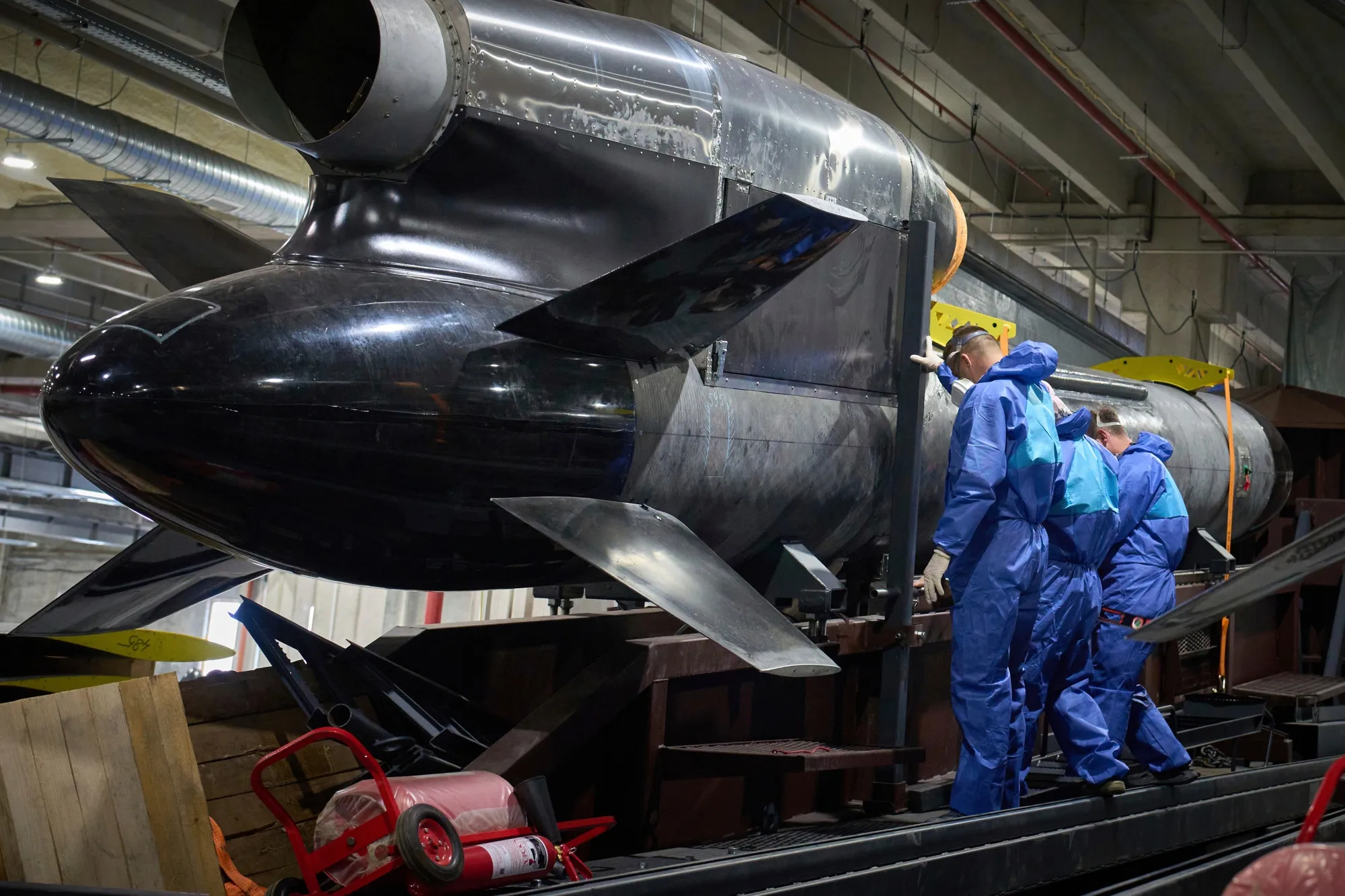 Workers inspect a Flamingo cruise missile at a factory in Ukraine.