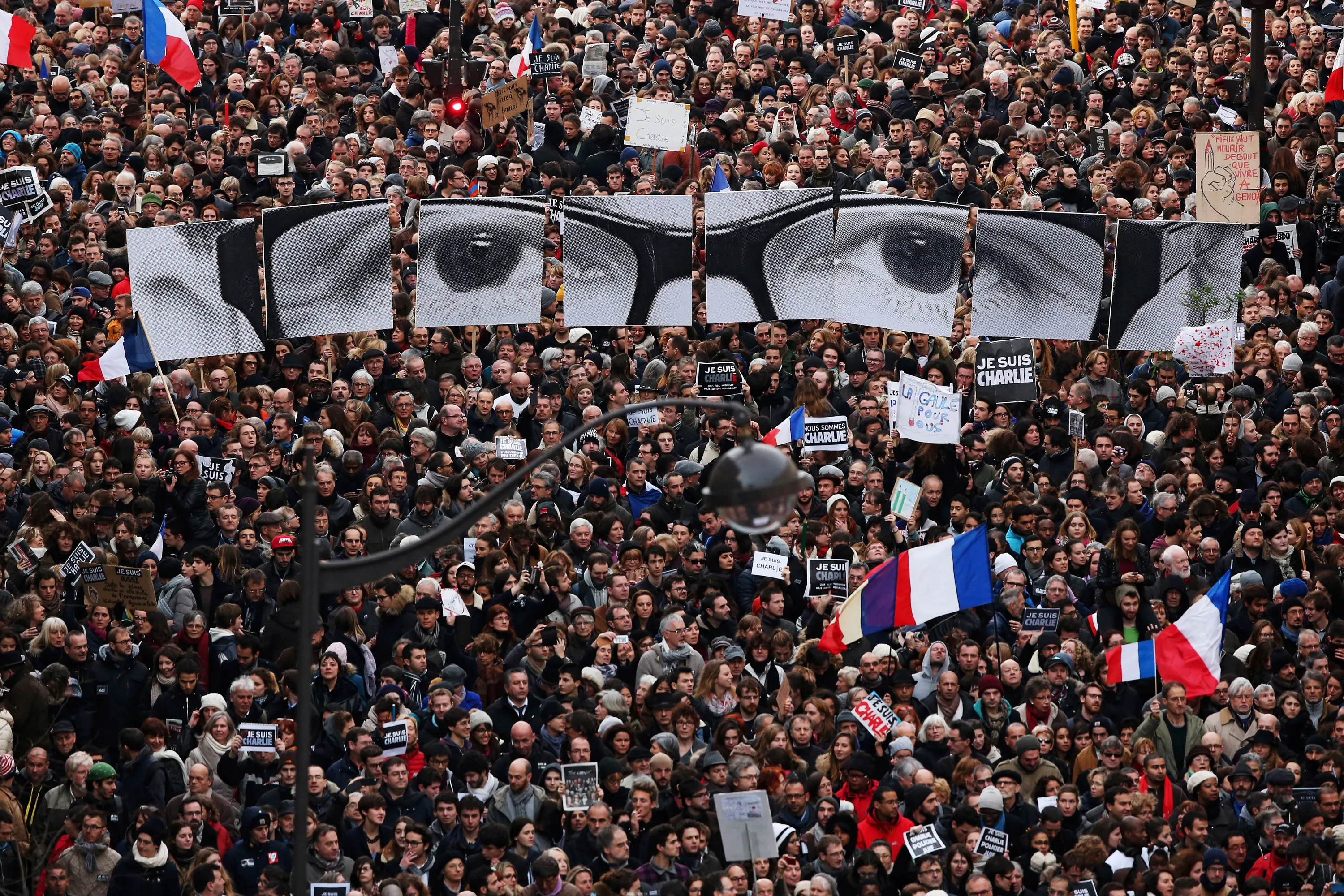 Rallies across France with signs saying “Je suis Charlie,” or “I am Charlie,” came after three distinct yet connected terror attacks in the city, including in the offices of Charlie Hebdo magazine and a kosher grocery, claimed 17 victims this week. Three attackers were killed, with Prime Minister Manuel Valls saying France was at “war against terrorists, Jihadists, Islamic fundamentalism.”
