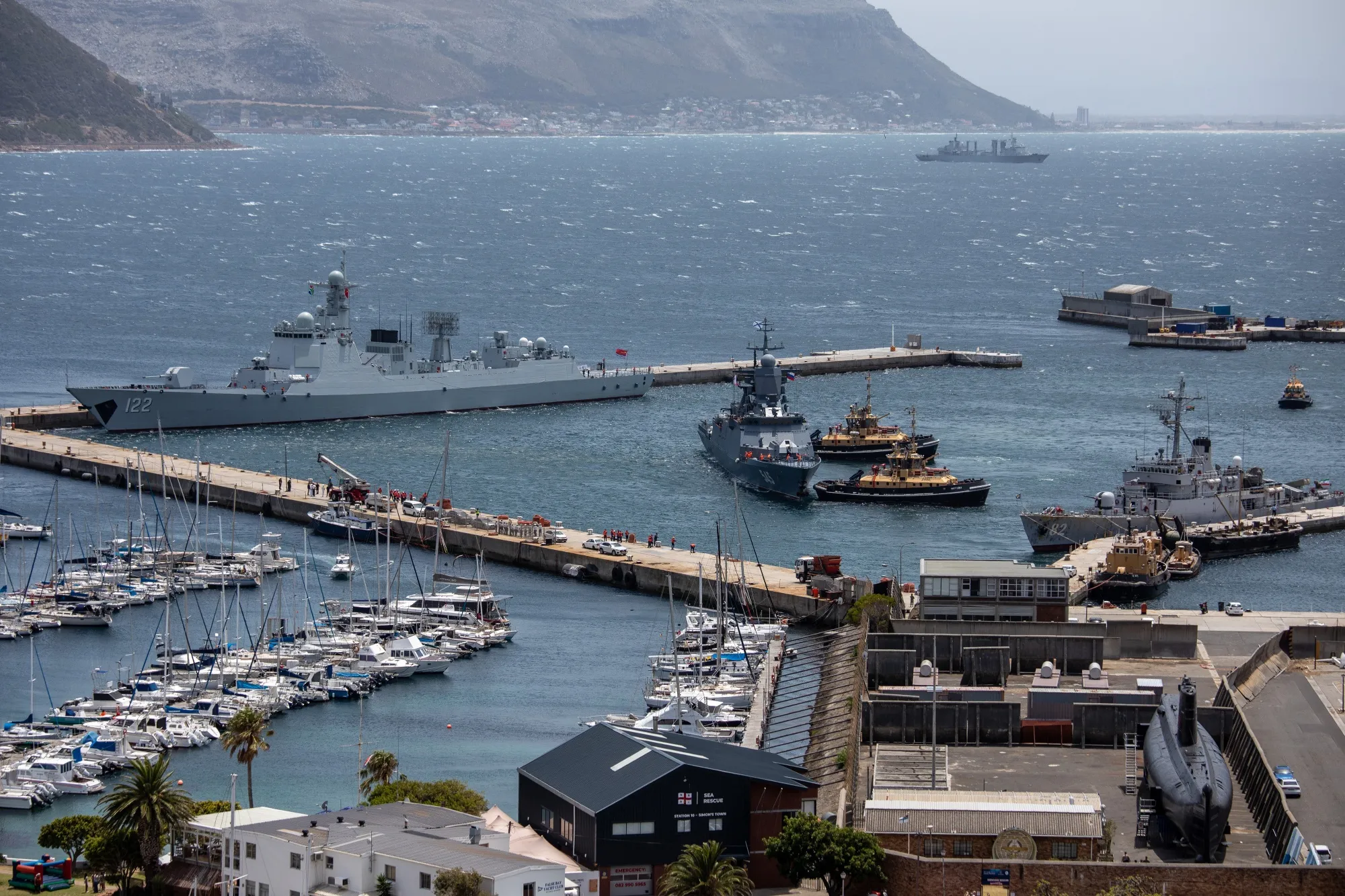 Chinese, Russian and Iranian, right, warships in Simon's Town harbor on Jan. 9.