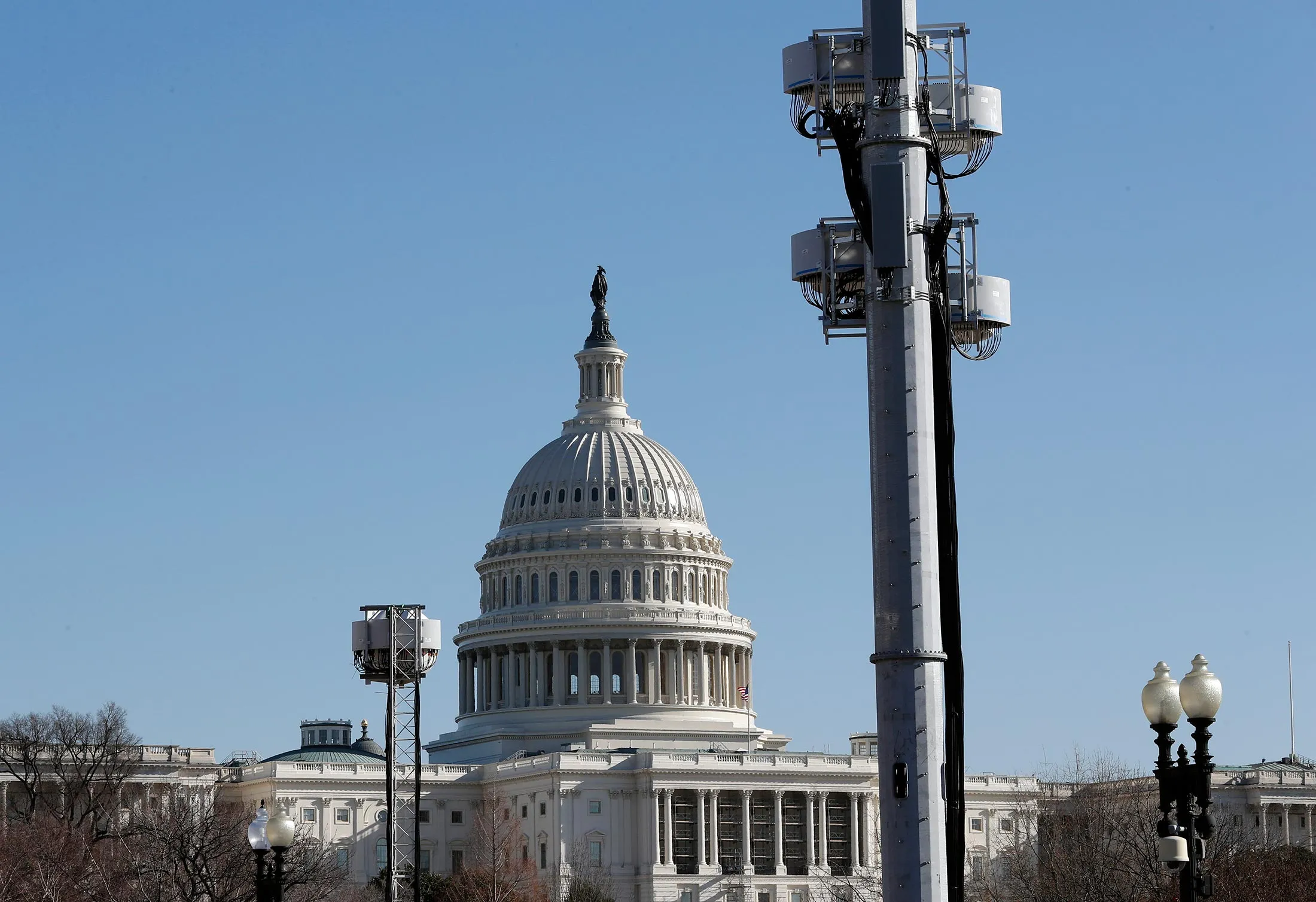 Temporary communications towers at the West Front of the Capitol in Washington, as preparations continue for inauguration of President-elect Donald Trump.
