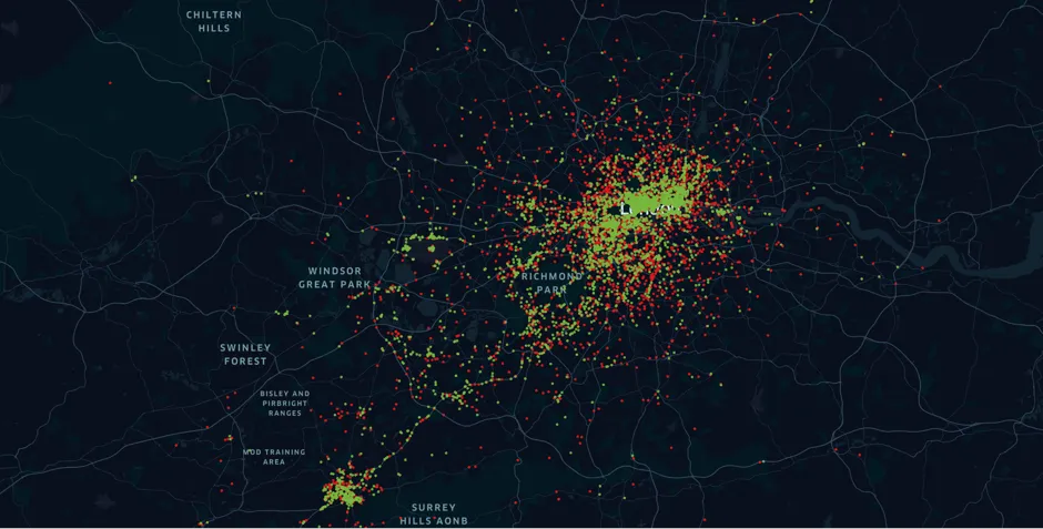 London Uber driver James Farrar's trip data, mapped across the city.