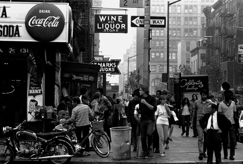 The corner of Second Avenue and St. Mark's Place is a center of Manhattan's East Village hippie society, September 6, 1968. (