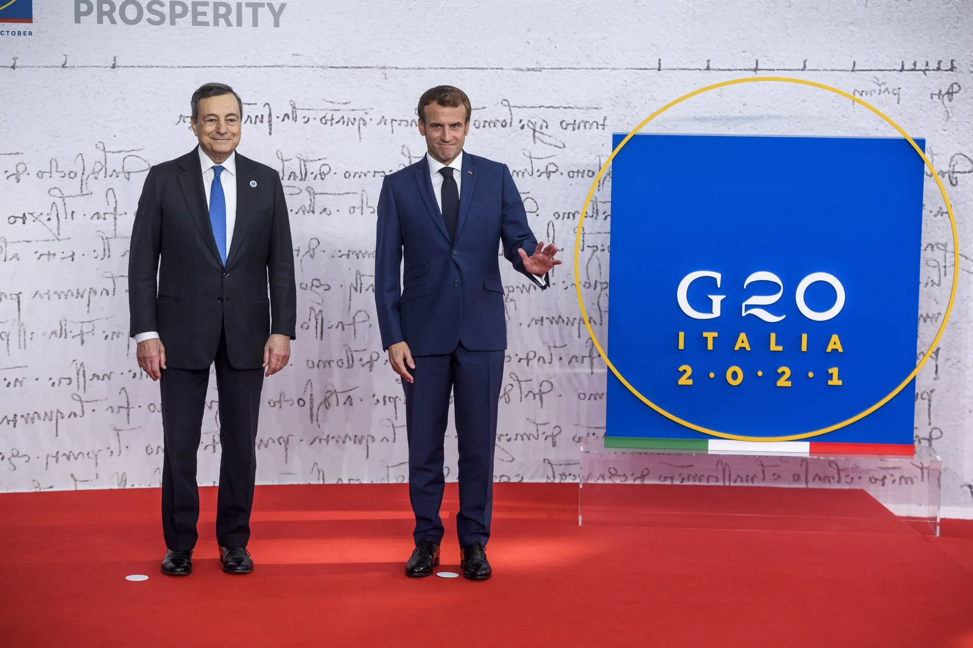 Mario Draghi, left, and Emmanuel Macron, at the G20 summit in&nbsp;Rome, Italy.