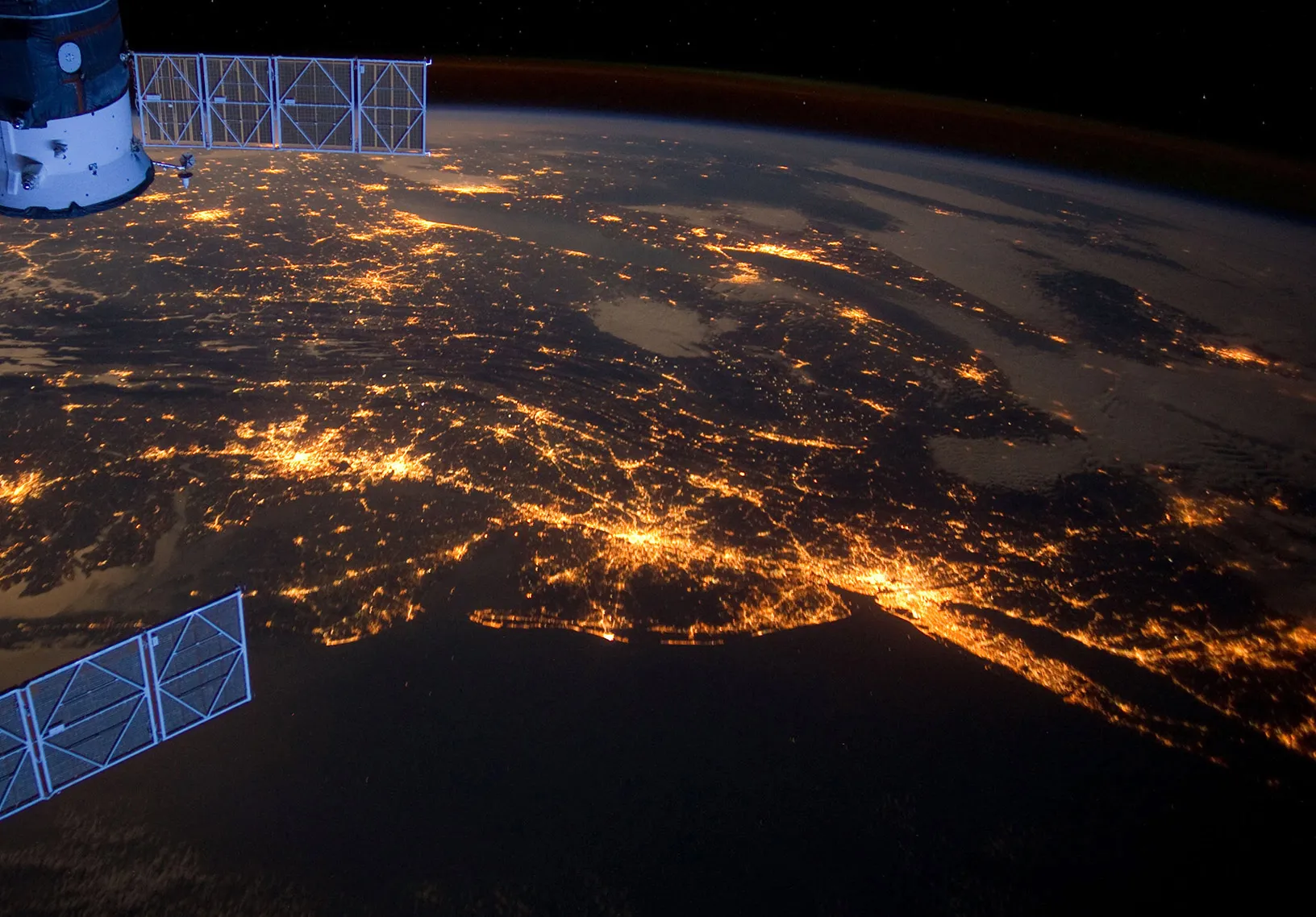 The Atlantic coast of the United States at night from the International Space Station.