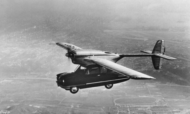 A ConVairCar, designed by Theodore P. Hall for the Consolidated Vultee Aircraft Corporation, during a test-flight in 1947.