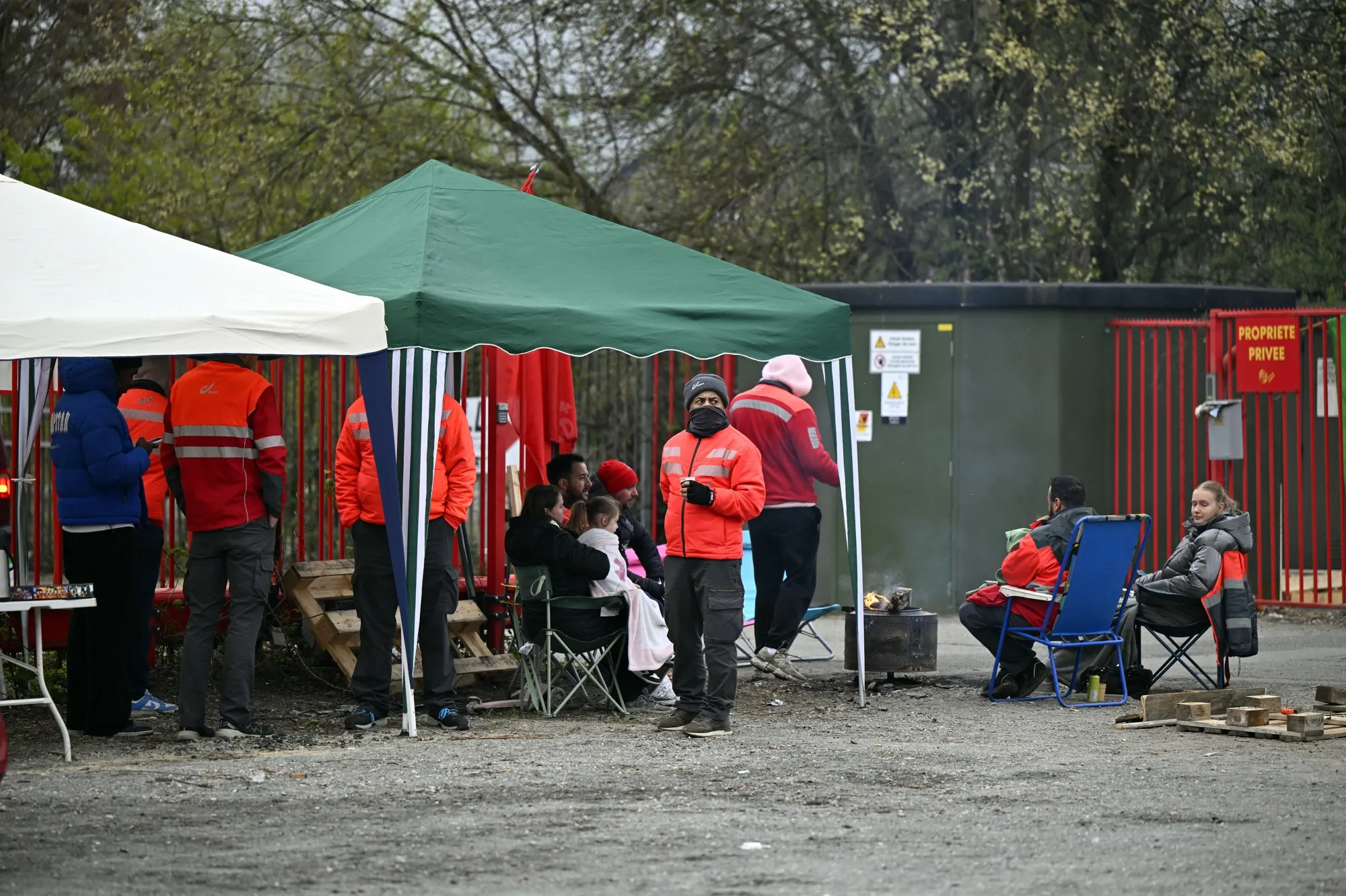 Union workers during a strike at the Bpost center in Liege, on April 14.