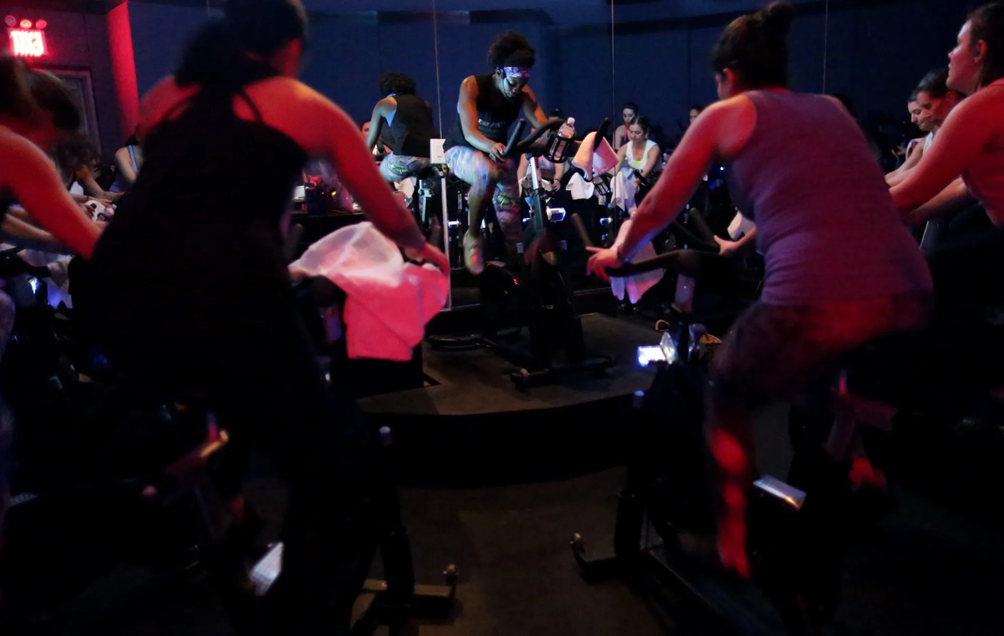 FlyWheel indoor cycling class in Manhattan, New York.