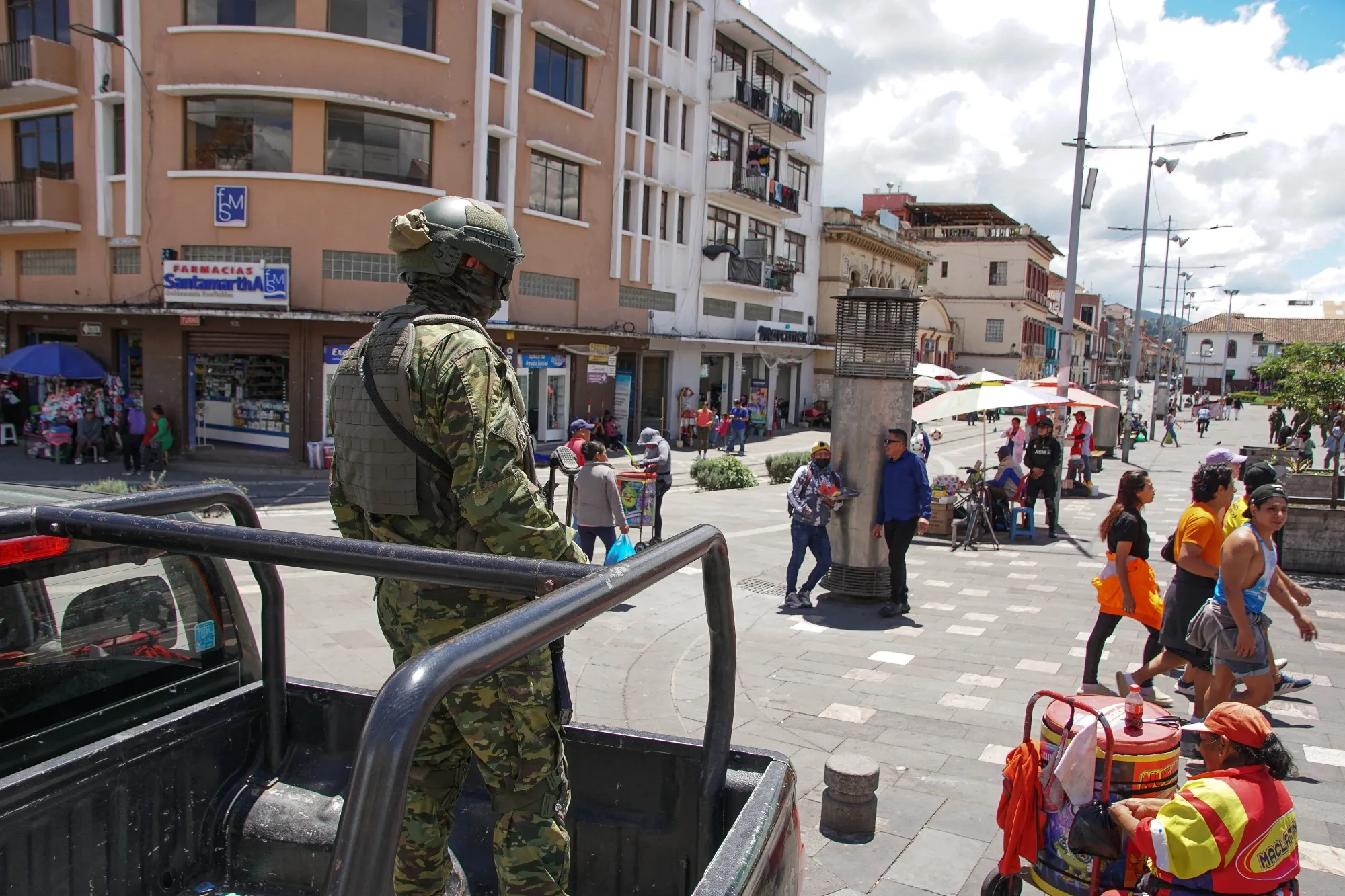 Soldiers patrol the Civic square in Cuenca, Ecuador on Jan. 11.