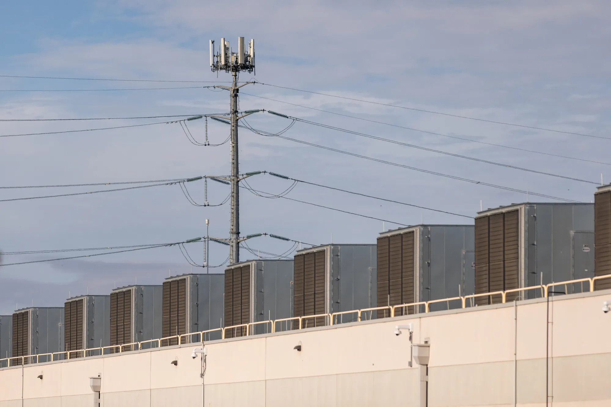 Power lines over a data center in Ashburn, Virginia.