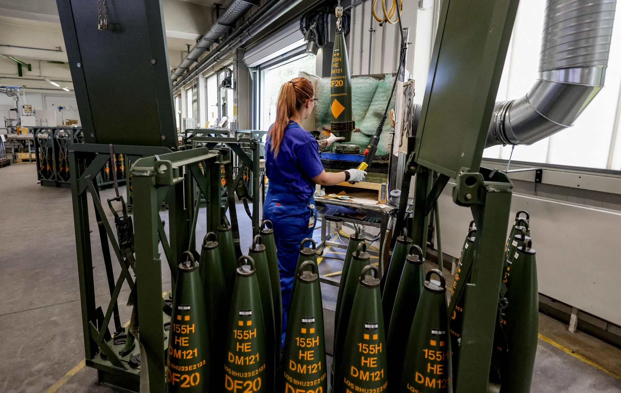 A technician&nbsp;works on&nbsp;ammunition&nbsp;at the&nbsp;Rheinmetall factory in Unterluess, Germany.