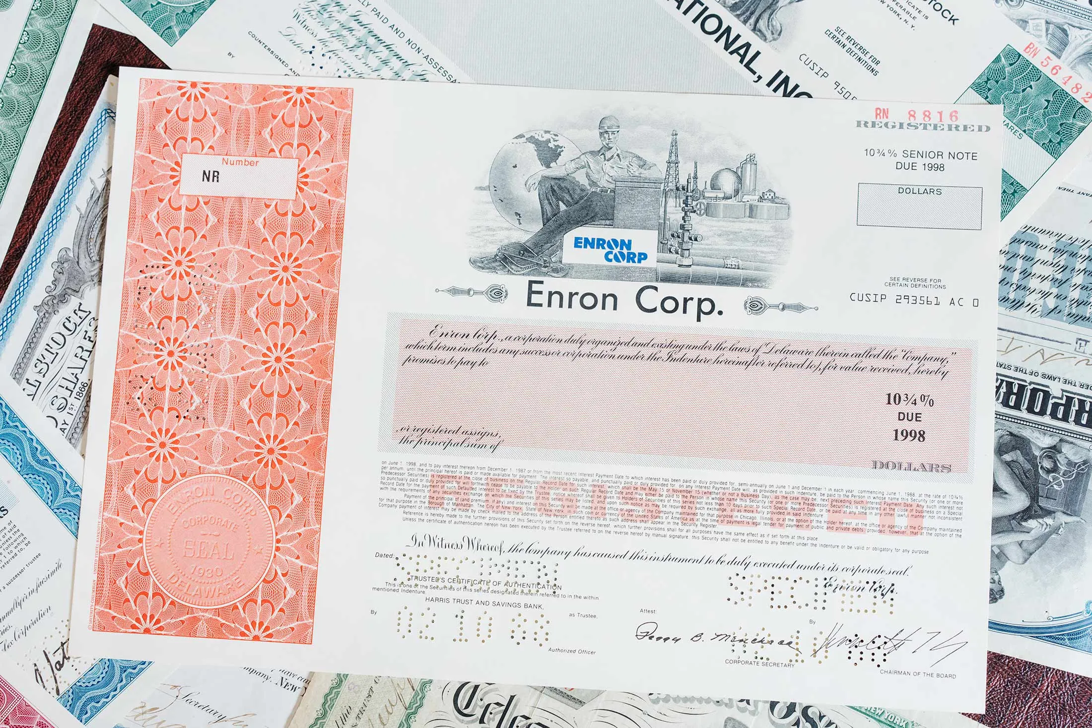 An Enron bond certificate.