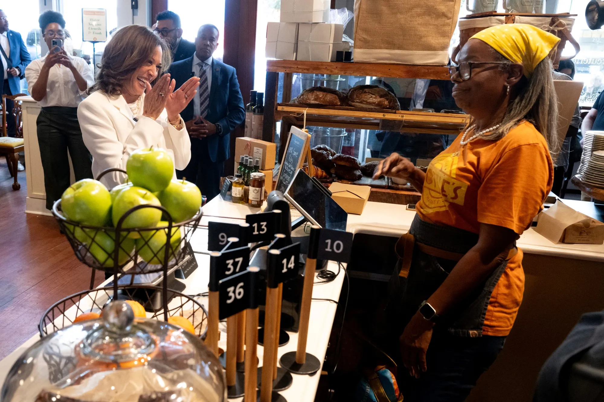 US Vice President Kamala Harris visits Dottie's Market in Savannah on Aug. 29.