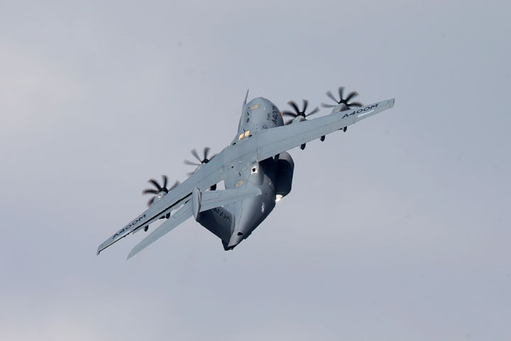 An Airbus A400M performs during a flying display.
