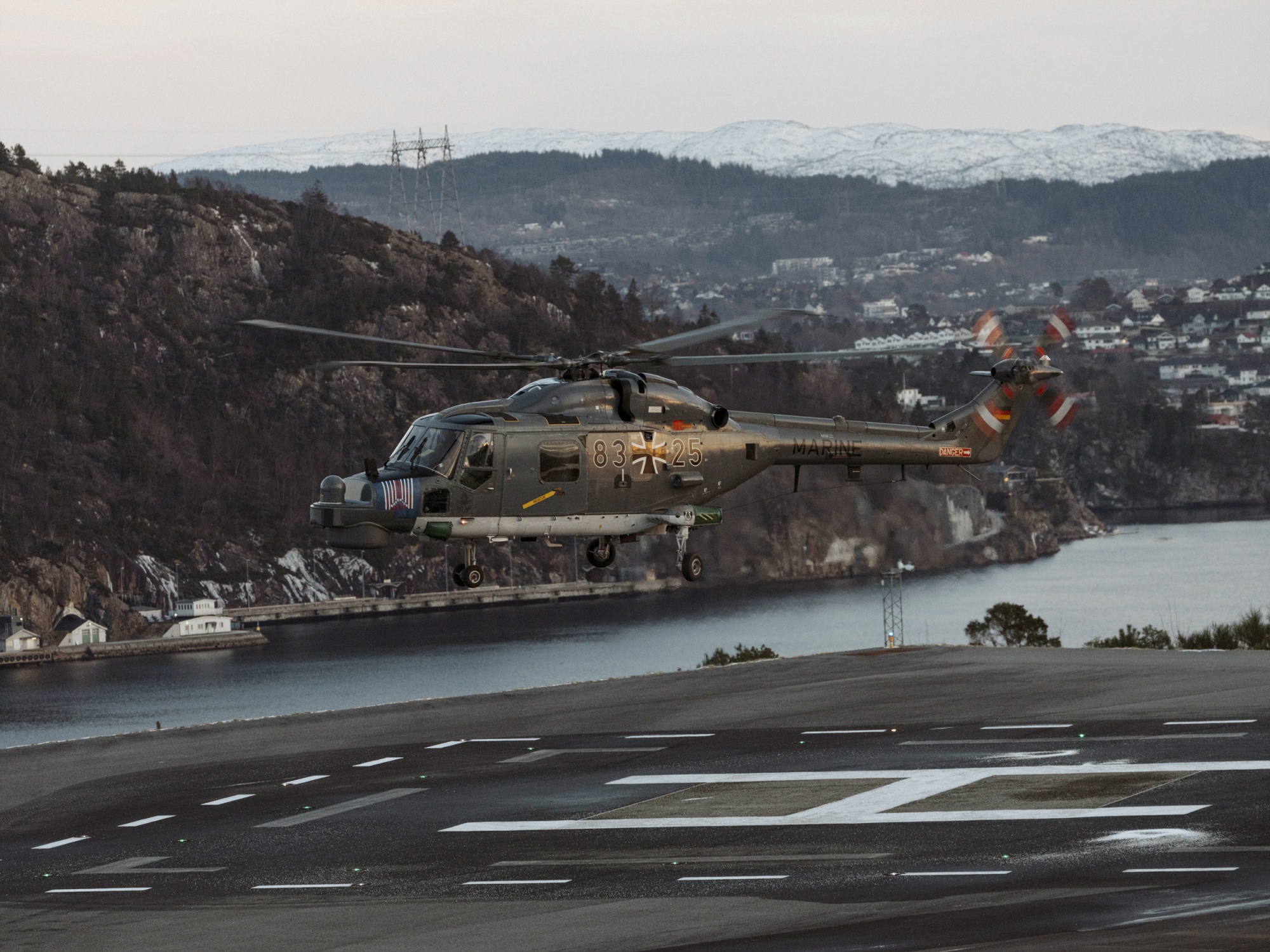 A German helicopter landing at the Norwegian base Near Bergen. Six NATO nations participated: Norway, Spain, Germany, the Netherlands, Poland and the UK. Photographer: Iona Dutz/Bloomberg
