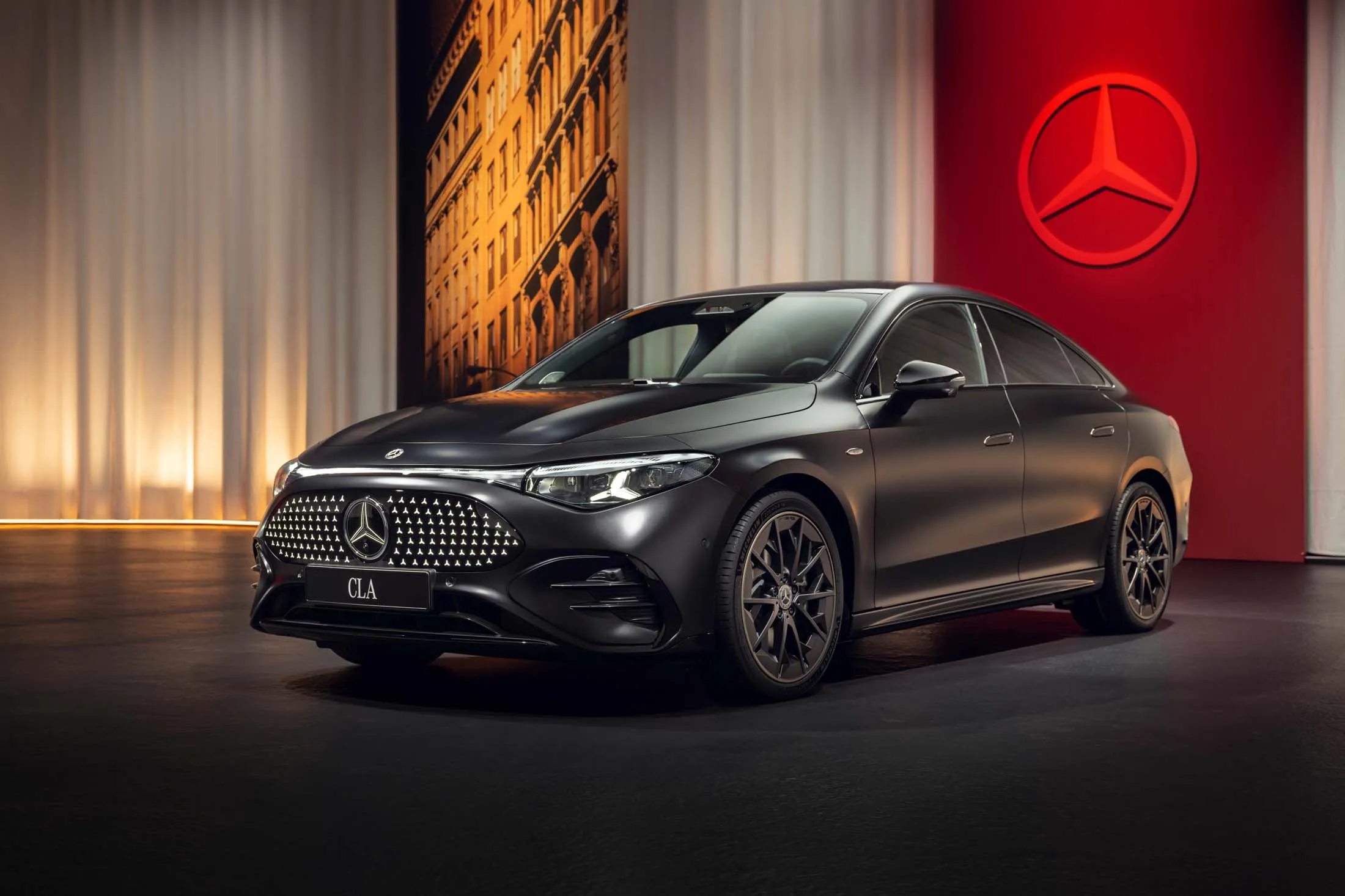 The all-new&nbsp;Mercedes-Benz CLA sedan painted in Cosmos Black Magno.