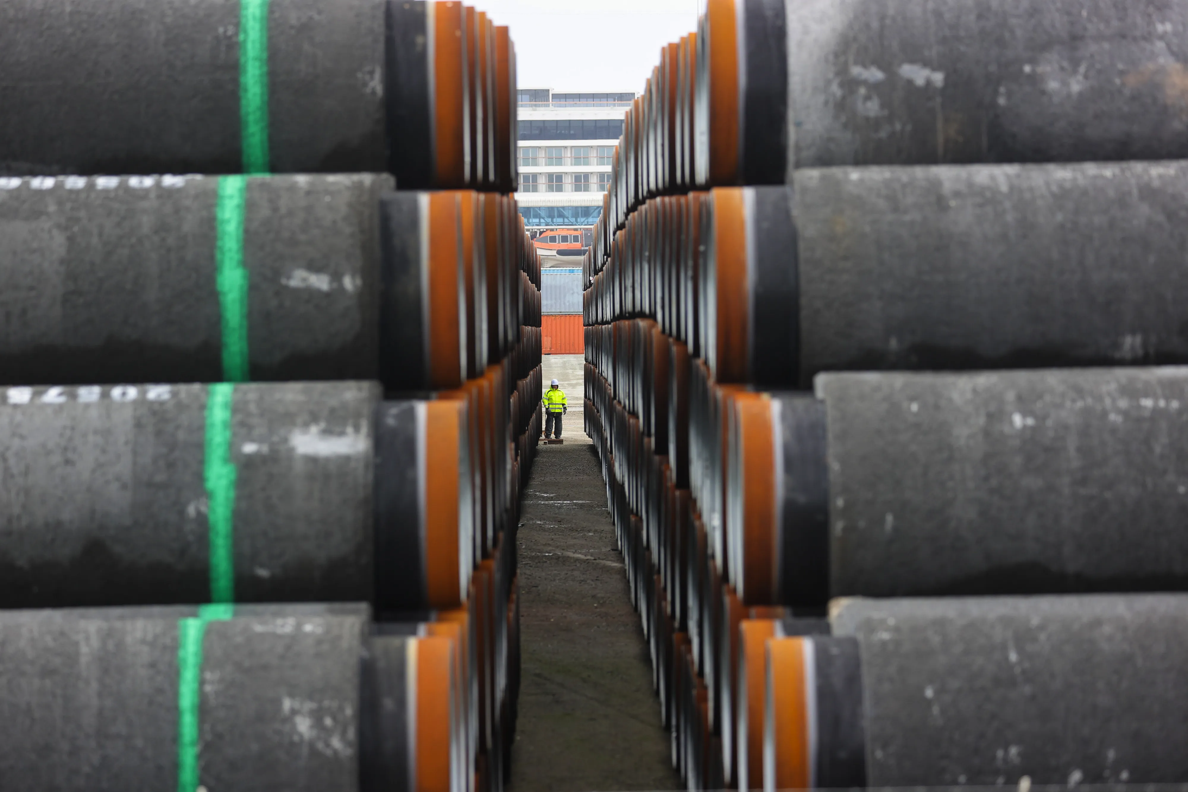 Sections of Nord Stream 2 gas pipeline at the Baltic port of&nbsp;Mukran in Sassnitz, Germany.