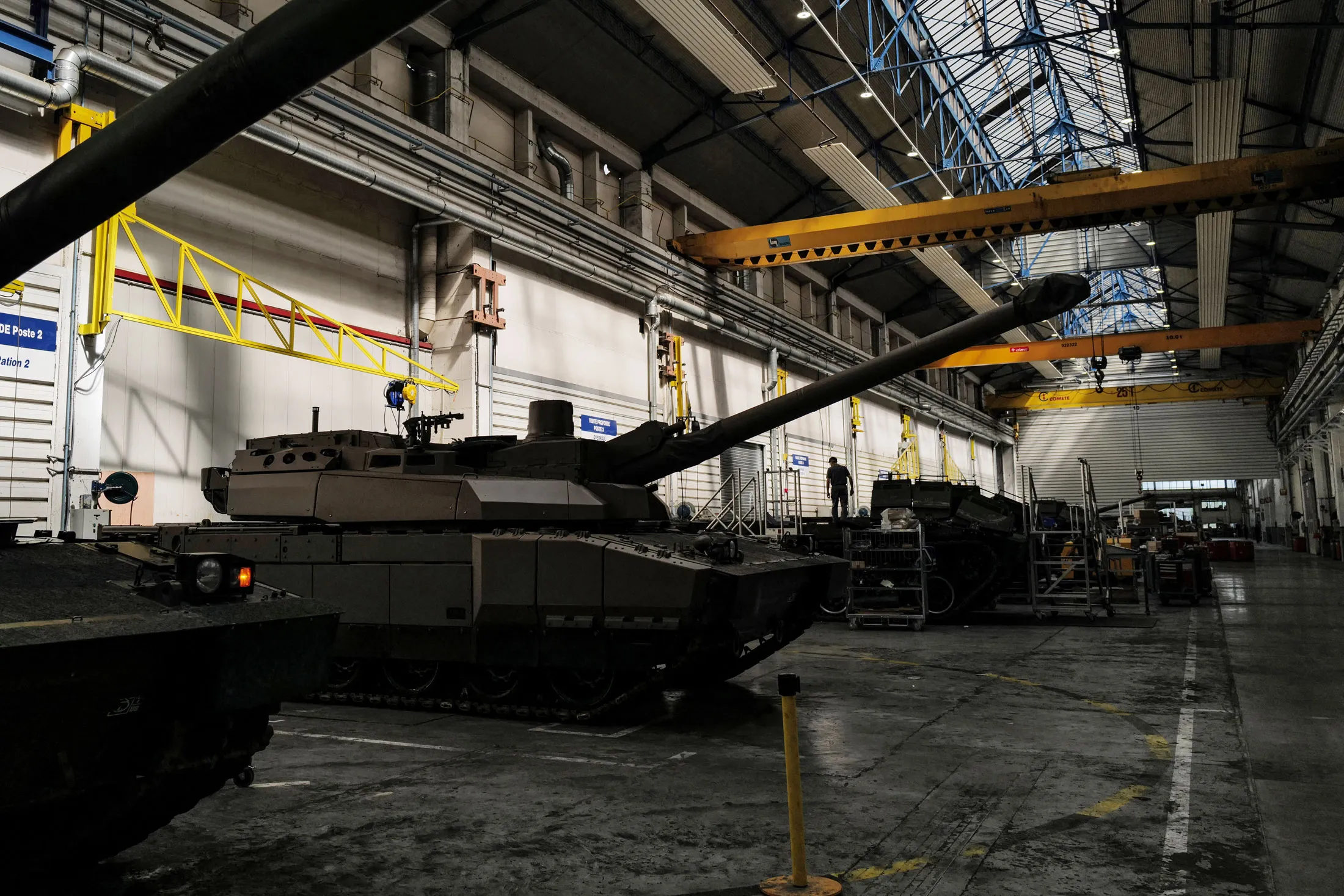 A battle tank at a factory in central France.