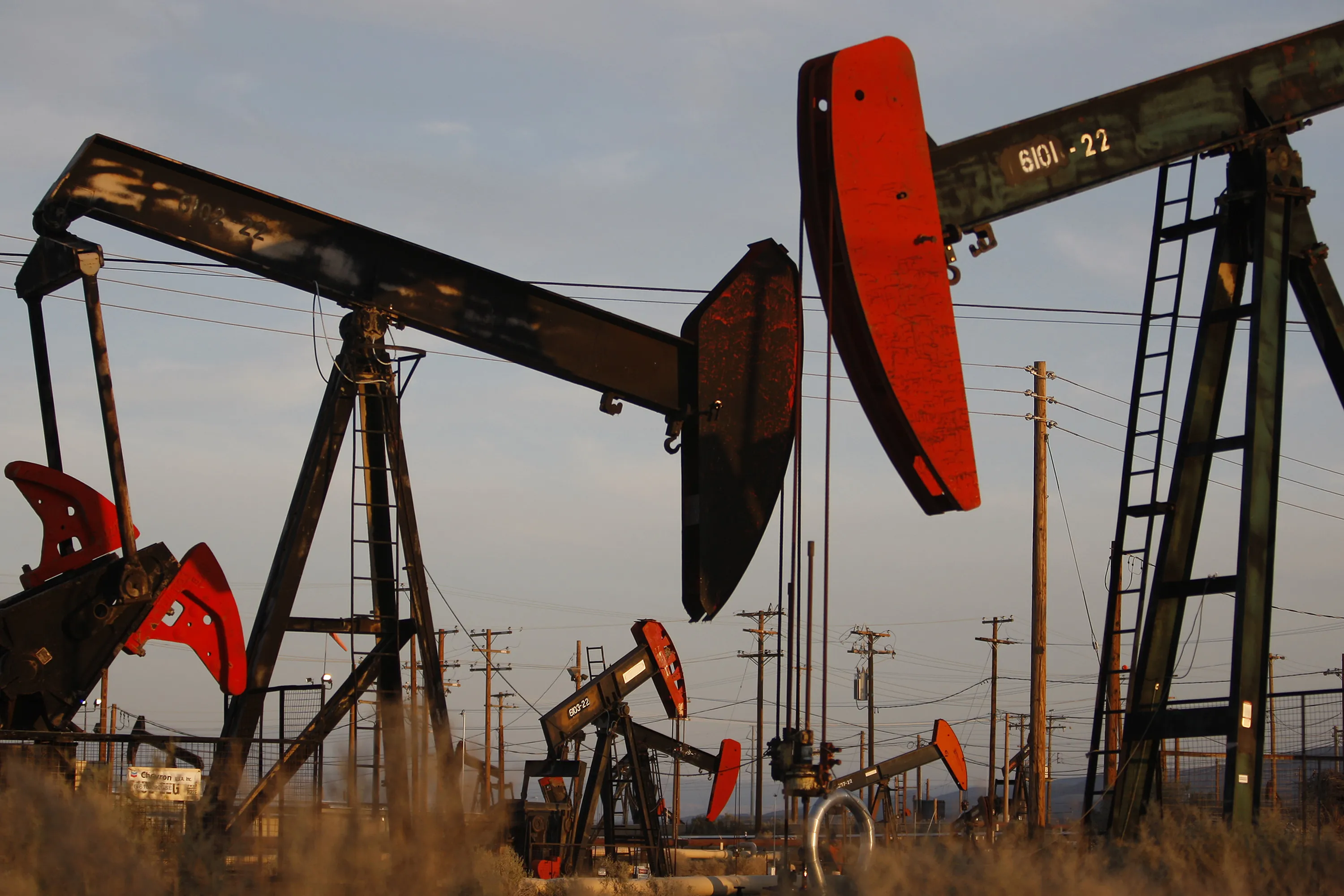 Pump jacks and wells&nbsp;on the Monterey Shale formation near McKittrick, California.