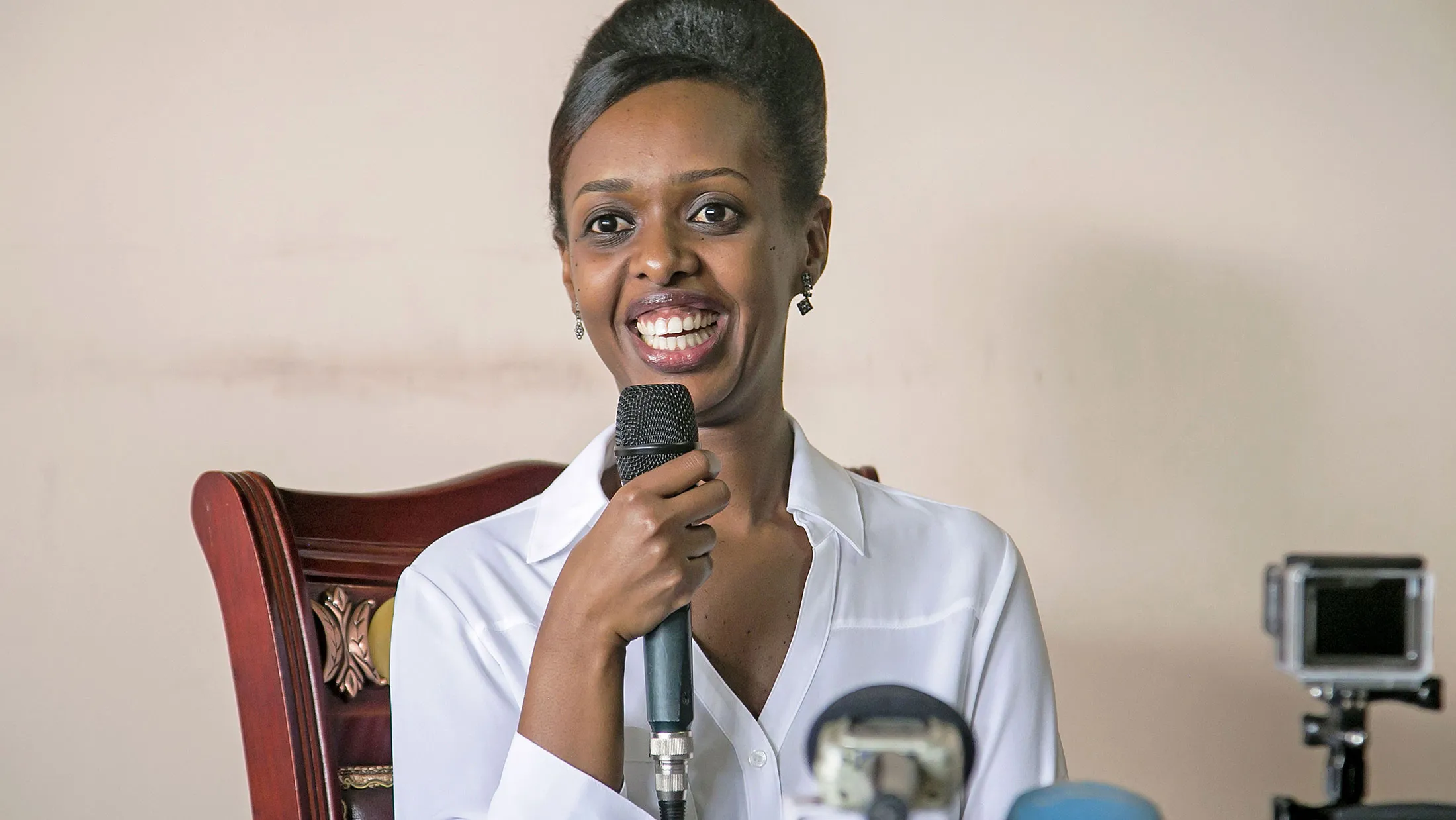 Diane Shima Rwigara speaks during a press conference in Kigali on May 3, 2017.
