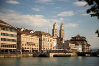 View of historic quarter and traditional buildings along Limmat river, Zurich Switzerland