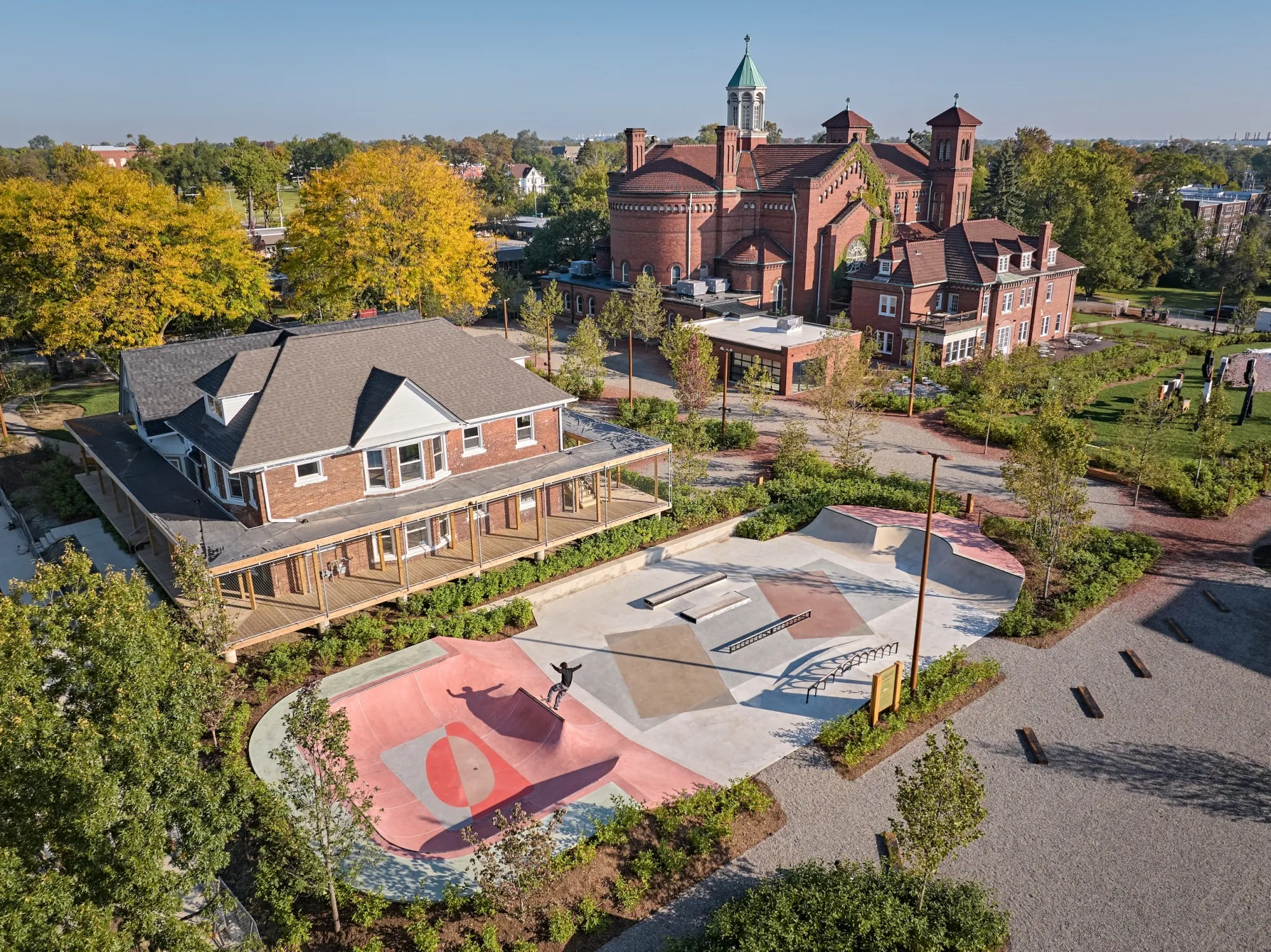 The Little Village campus includes the&nbsp;BridgeHouse (left), which contains arts-focused commercial spaces, and a skatepark co-designed by Tony Hawk. The former Good Shepherd Catholic church&nbsp;that anchors the development is now just called the Shepherd.&nbsp;