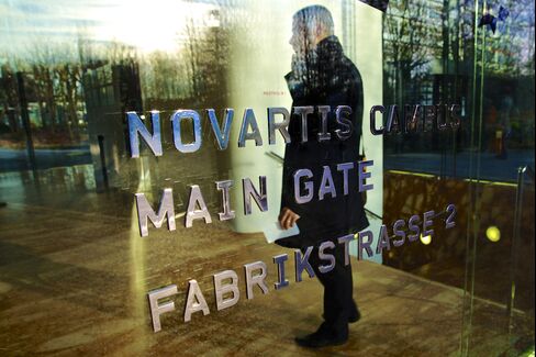 A Logo sits on a Glass Door Outside Novartis AG's Headquarters