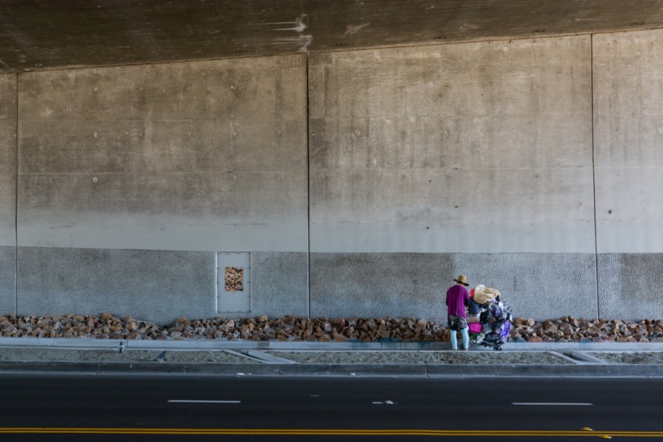 A homeless woman stops her shopping cart in front of the newly installed rock gardens on Imperial Avenue, which are meant to prevent people from sleeping near the underpass walls.