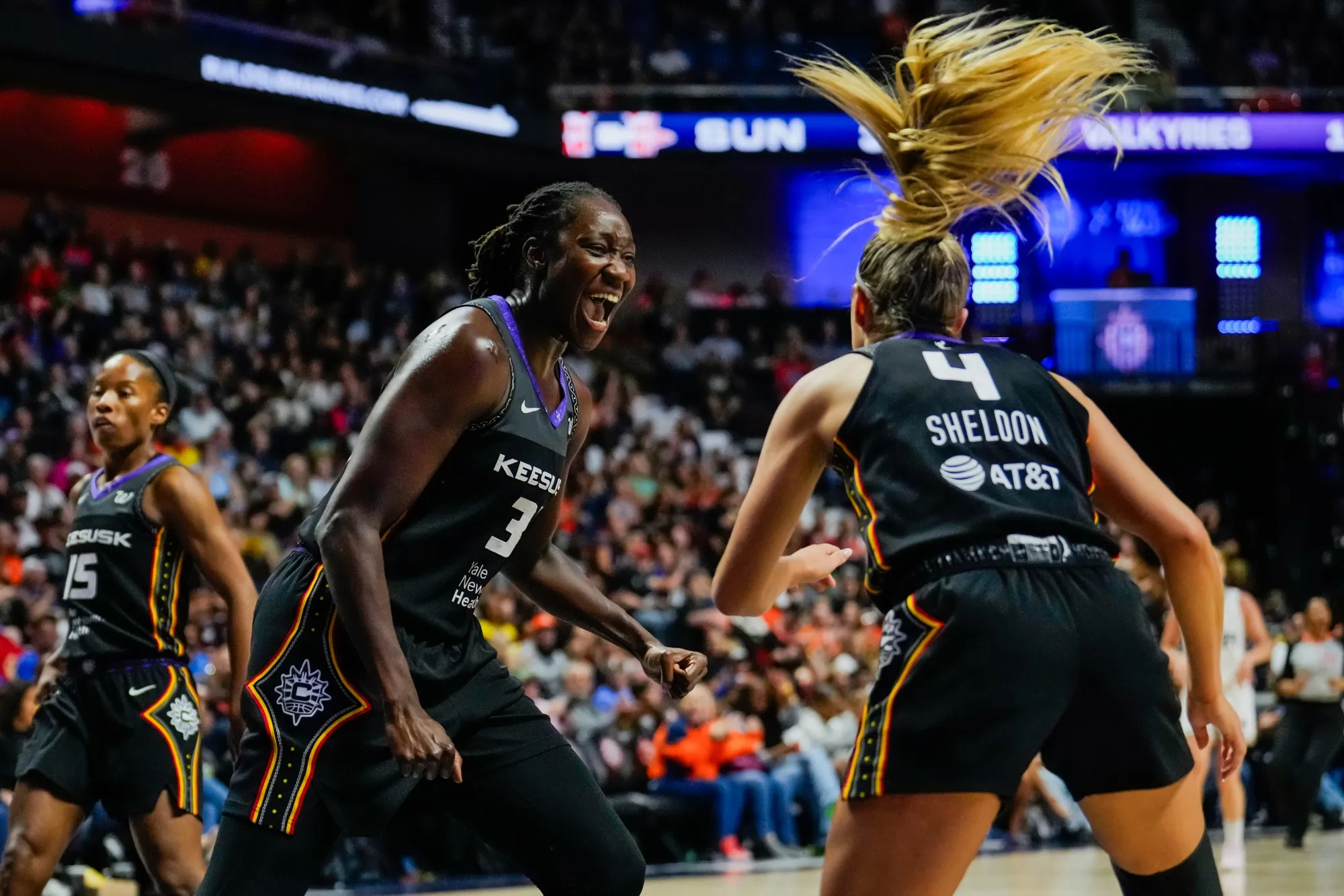 Tina Charles, #31 of the Connecticut Sun, reacts during the first half of a WNBA basketball game at Mohegan Sun Arena in Uncasville, Connecticut.